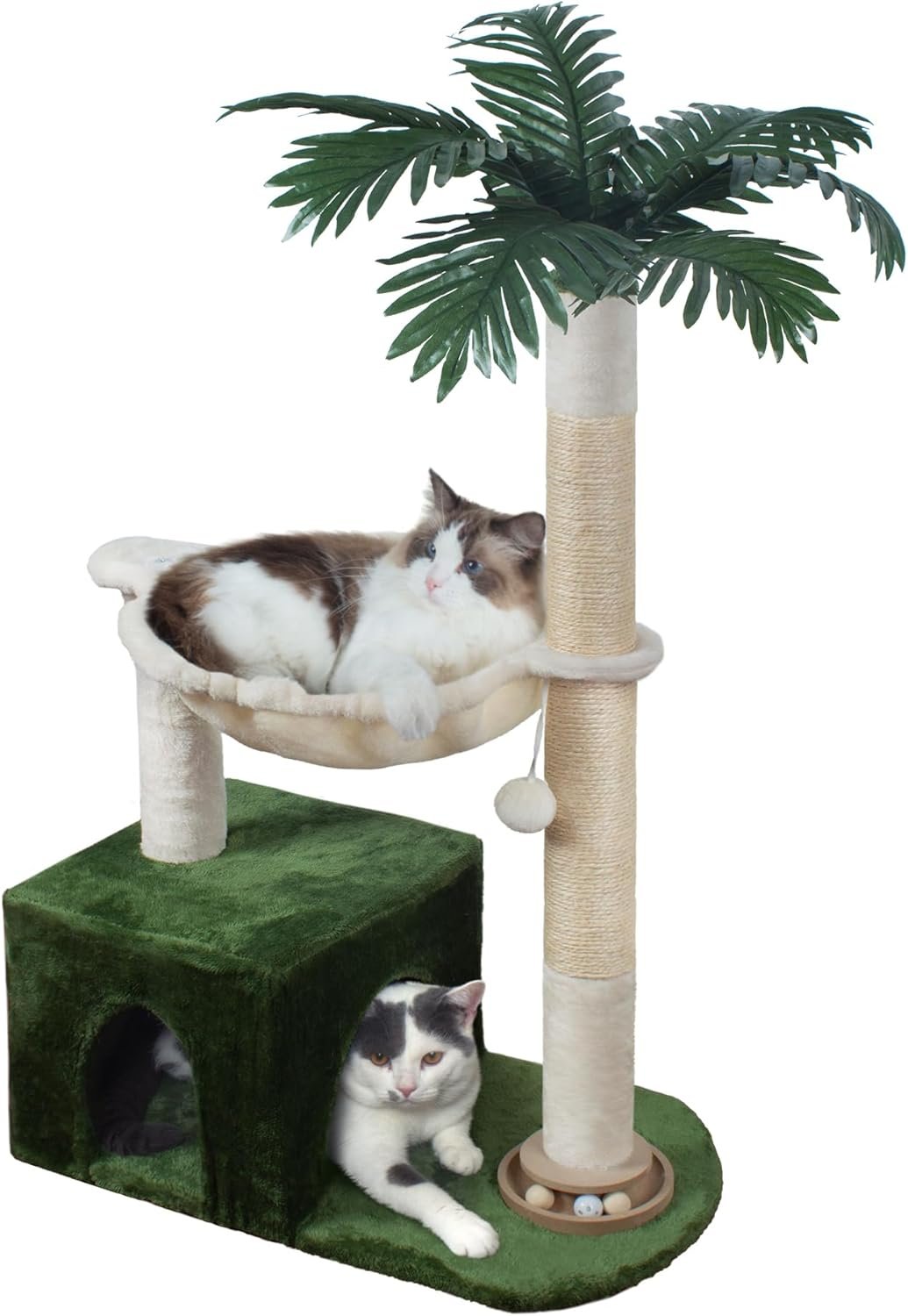 Fantasreen Cat Tree 38″ Cat Tower with Large Hammock Metal, Cat Scratching Post for Indoor Cats with Condo, Cat Playground Track Balls and Bouncy Ball, Green and White