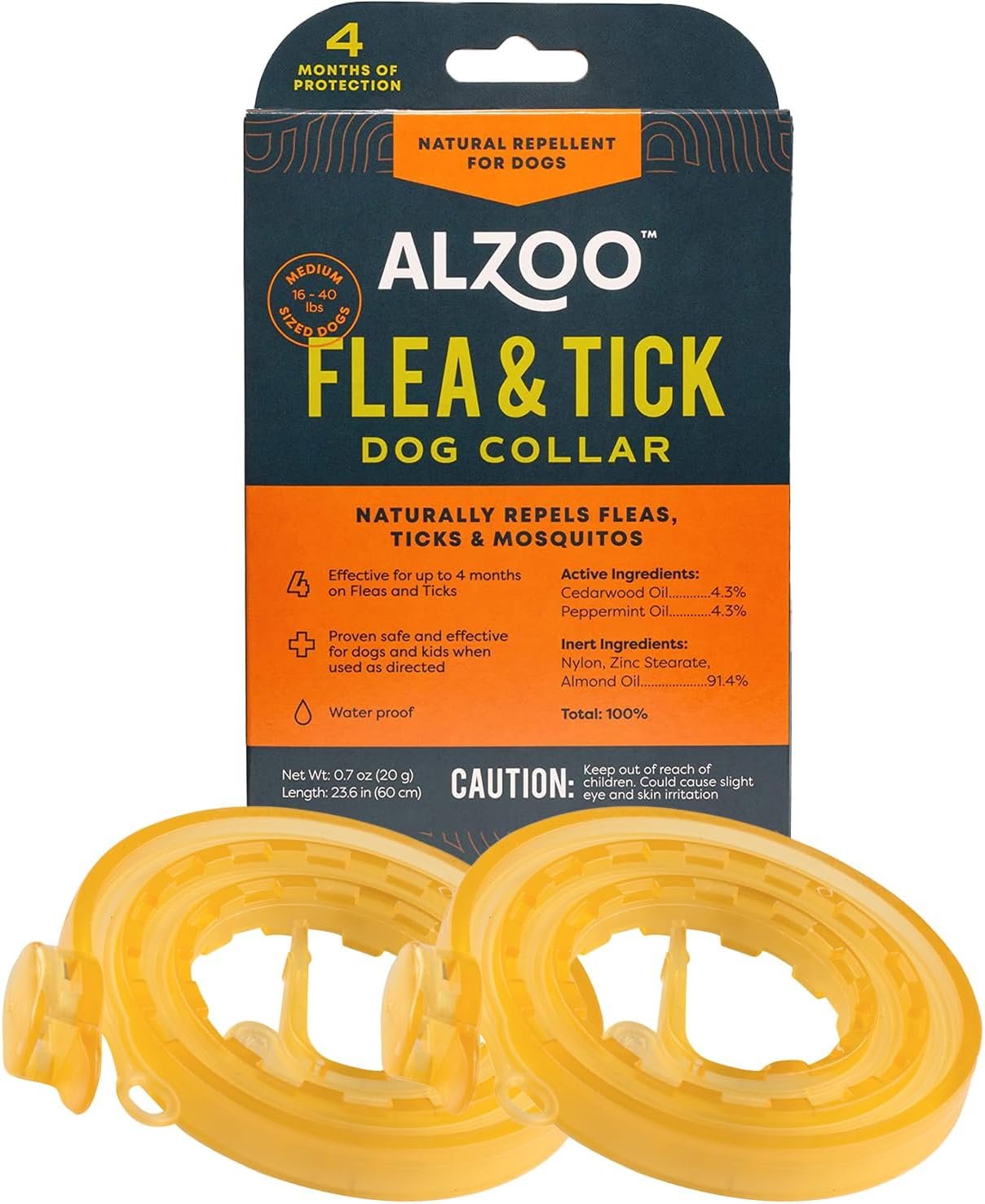ALZOO Flea & Tick Dog Collar – Helps Repel Fleas, Ticks & Mosquitoes – 100% Plant-Based Active Ingredients – Waterproof – Up to 4 Months Protection – Medium-Sized Dogs: 16-40 lbs – Pack of 2