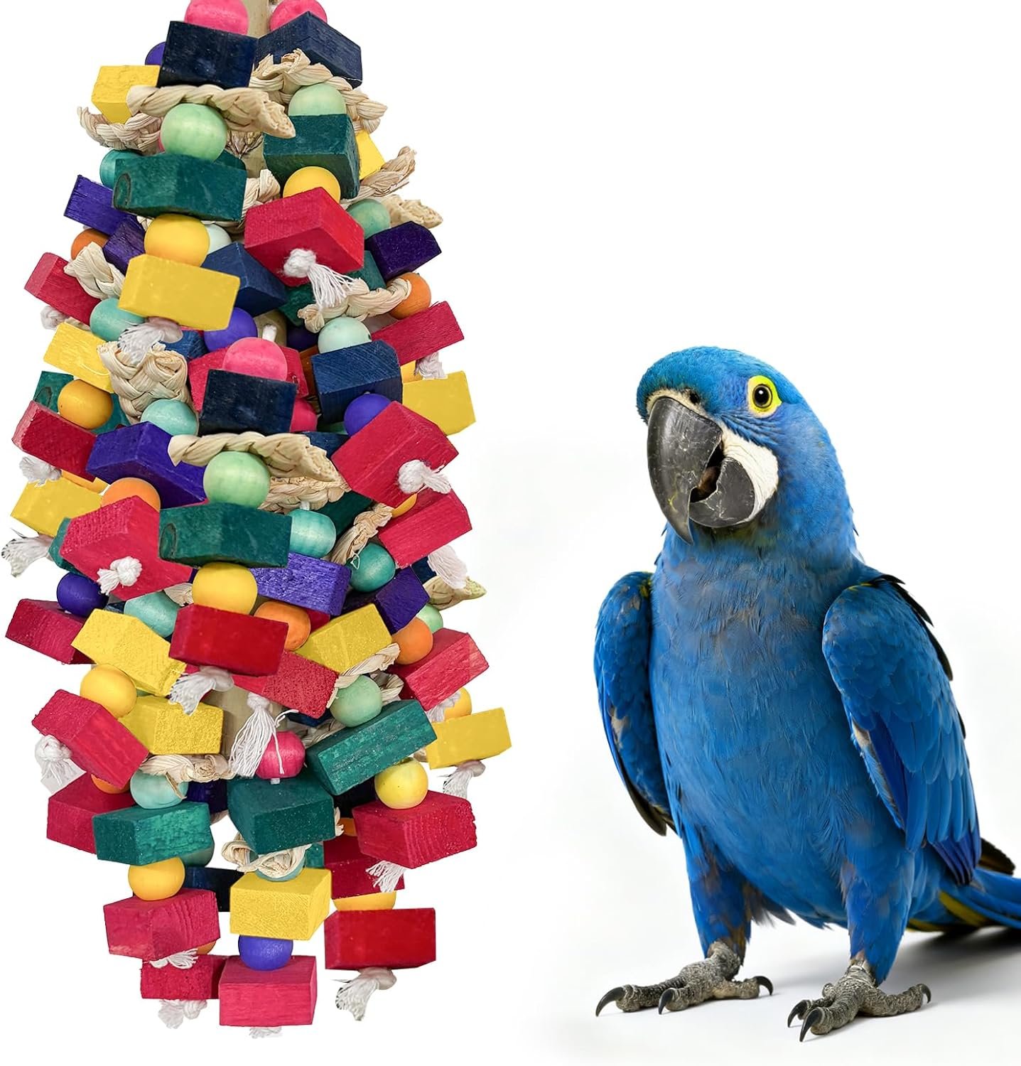 Bird Toys for Large Parrots Colorful Natural Wood Block Parrots Chew Foraging Toys for Bird Cages Cockatoos, Macaws, African Greys, and Amazons