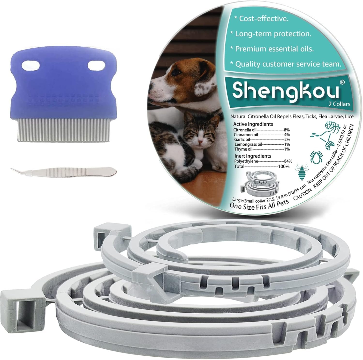 Flea and Tick Collar for Dogs and Cats – Safe and Natural Prevention and Control of Pests on Puppies and Kittens – Waterproof – Free Comb – 2-Pack (13.8 in & 27.5 in)