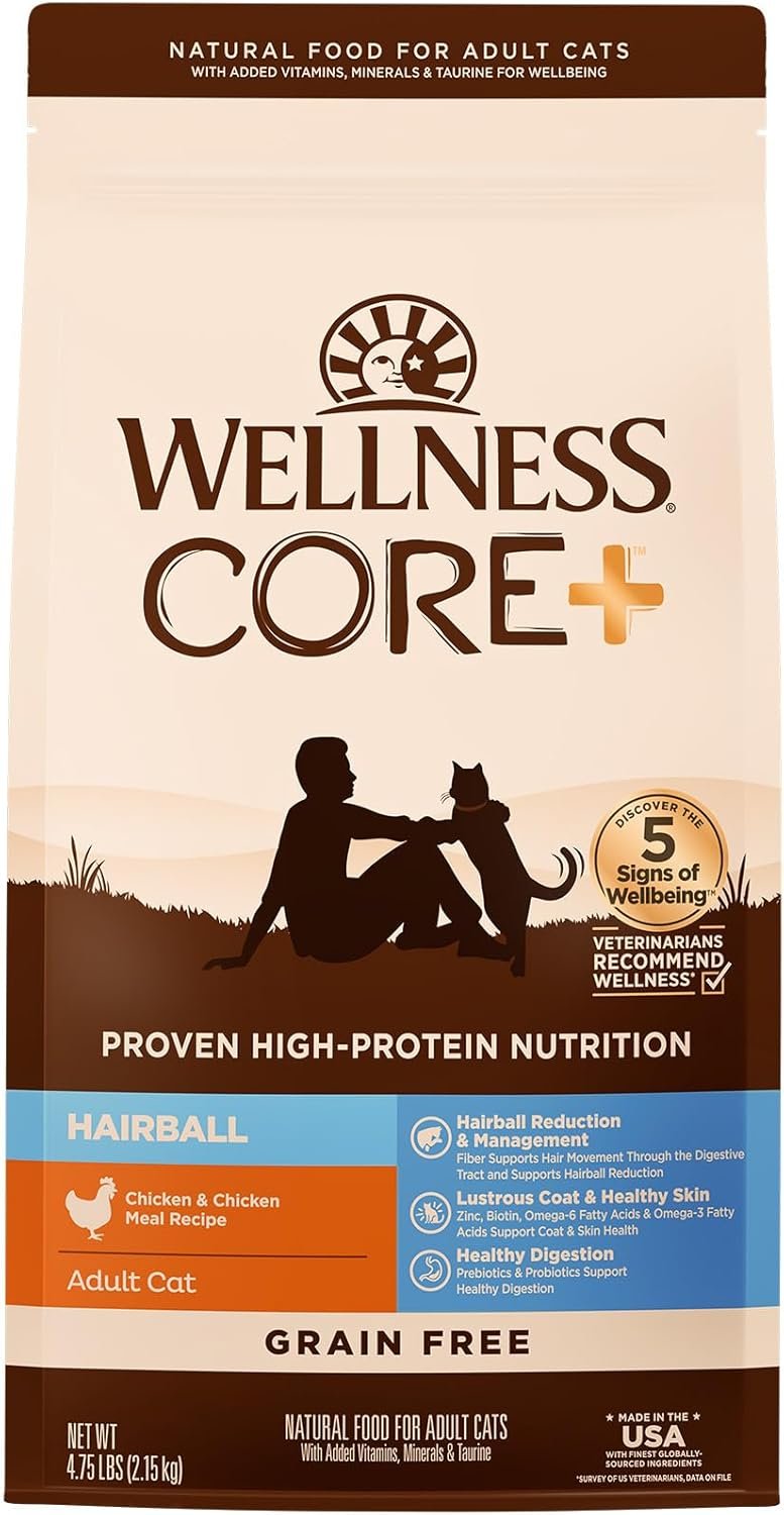 Wellness CORE+ Hairball Adult Dry Cat Food, Natural, Grain Free Kibble, Chicken Recipe, 4.75 lb Bag