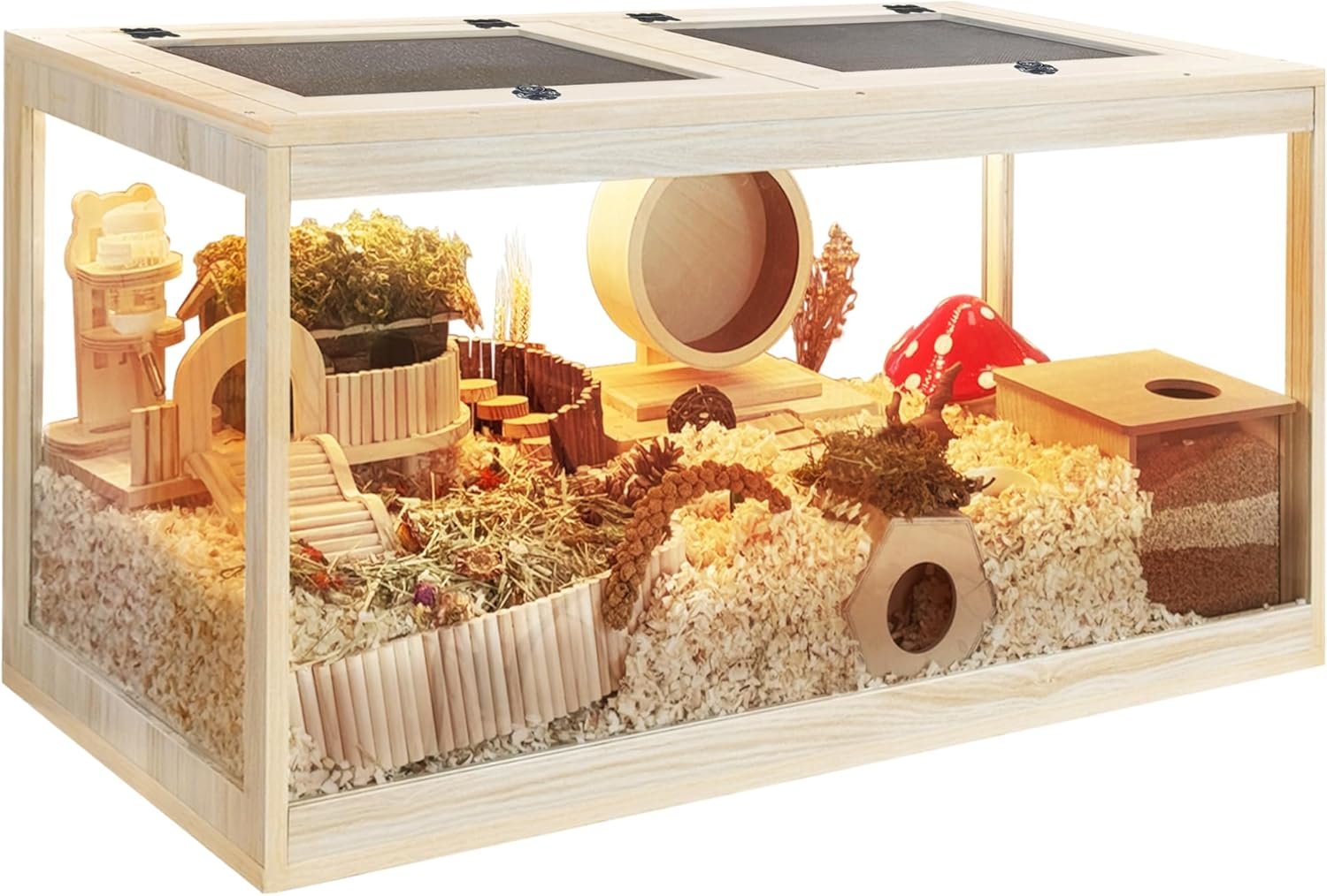 PROLEE Hamster Cage with Metal Mesh Top, Chewproof Wooden Guinea Pig Cages, Mice and Rat Habitat,Large Hamster Cages with Acrylic Sheets Solid Built (24X16X16 Inch)
