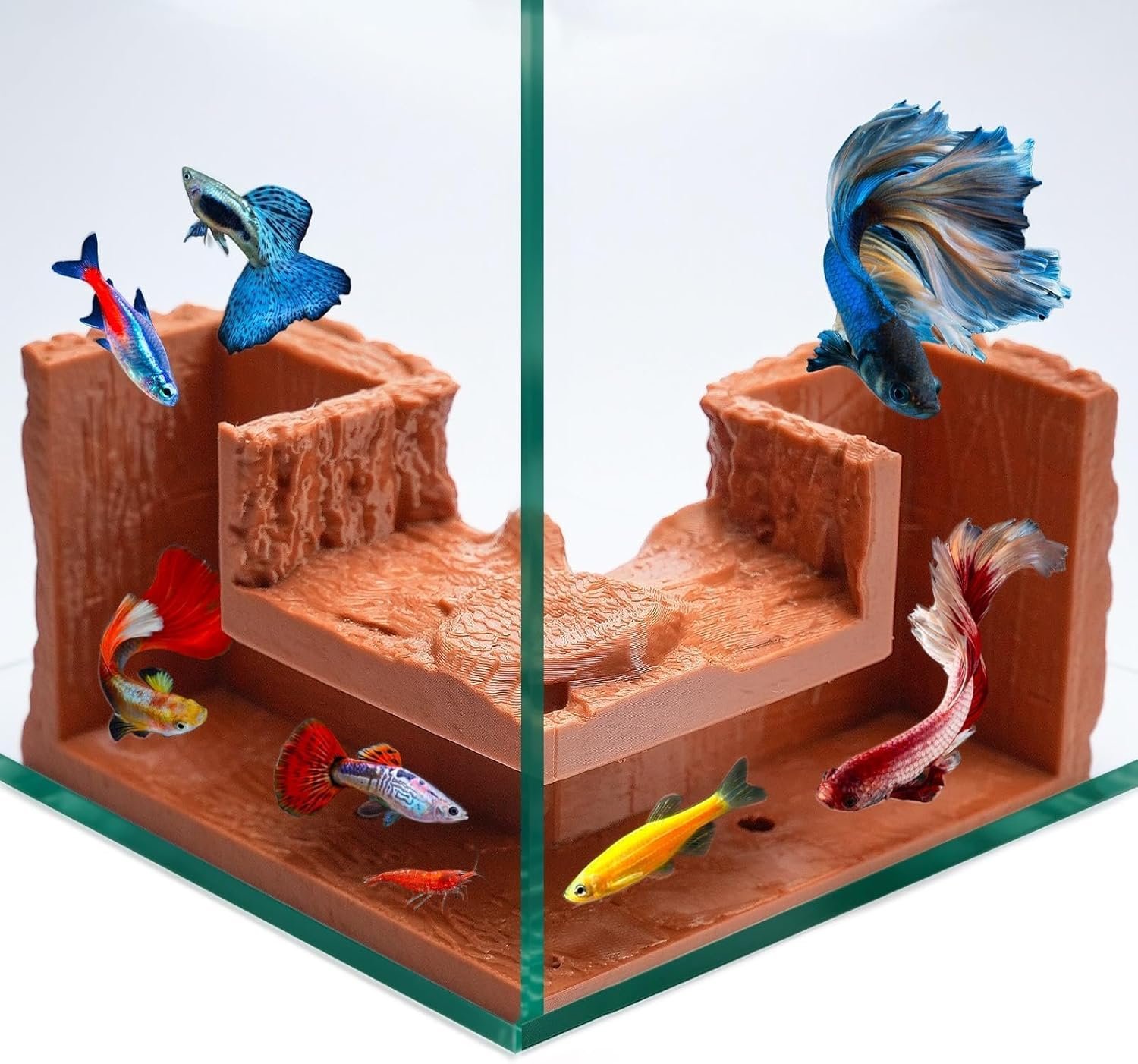 NUPICK Brown Aquarium Cave for Corners, PETG 3D Printed Fish Tank Cave Hideout with Smooth Surface, Natural Wood-Like Aquarium Tunnel, Fish Tank Decor for Bettas, Shrimp, Corys, Loaches, Snails