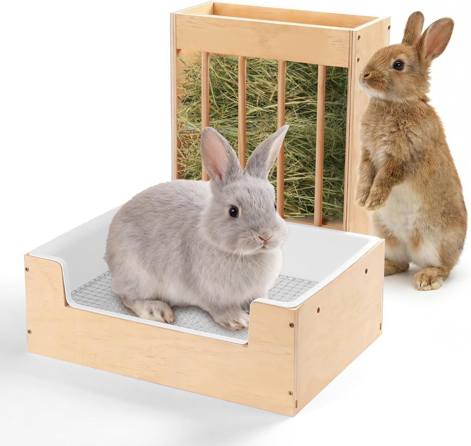 Extra-Large 2-in-1 Rabbit Litter Box & Hay Feeder Set, Wood, Mess Proof, for Guinea Pigs, Chinchillas, Hamsters, and Rabbits