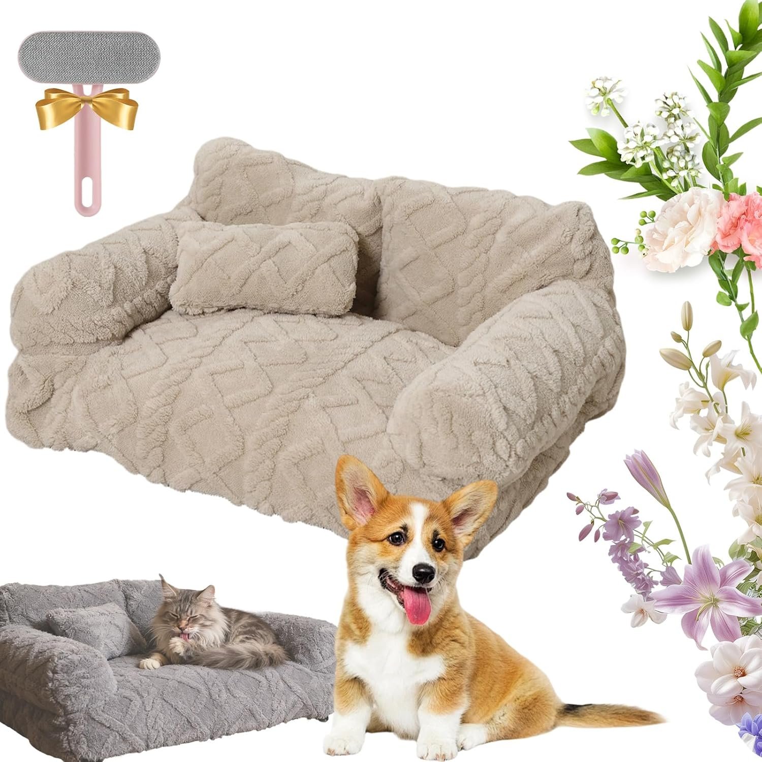 2026 New Plush Calming Pet Sofa Bed, Plush Calming Pet Sofa Bed with Removable Cover, Washable Orthopedic Dog Bed with Edge, Increases Deep Sleep, Reduces Separation Anxiety (Beige, Large)
