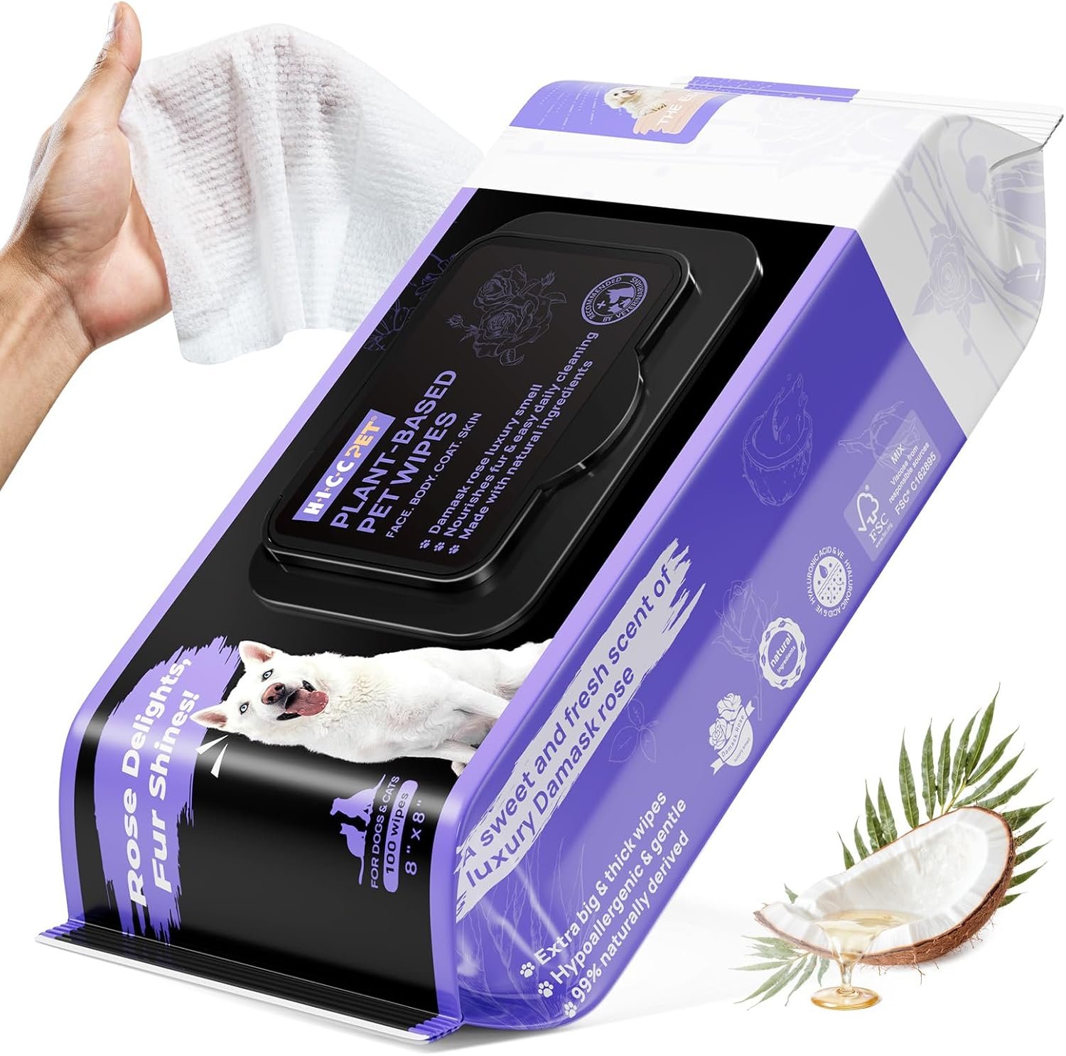 HICC PET Wipes for Dogs and Cats, Vet-Recommended Hypoallergenic Dog Wipes for Paws, Butt and Fur, Dog Cleaning Wipes & Dog Bath Wipes, Deodorizing Grooming Wipes for Dogs, Cats, Horse, 100 Count | Pet Wipes for Paws & Butt, Dog Bath Wipes, Deodorizing Cleaning Wipes, Cat Grooming Wipes, Puppy & Kitten Friendly