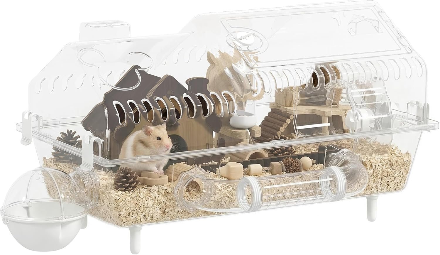 PawHut 8 in 1 PET Hamster Cage, Dwarf Hamster Cage with Large Wheel & Hideout, Small Animal Habitat with Accessories, Clear Pet House, 21.5″ x 11.8″ x 12.6″