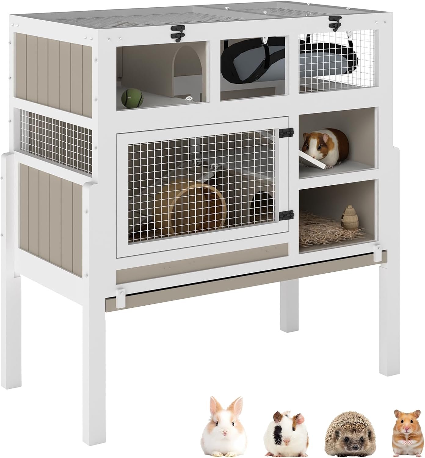 Ketive Guinea Pig Cages Indoor, 3-Story Wooden Small Animal Cage with Stand, Rabbit Hutch with Ramps, Removable Hammock & Hideout, Leak-Proof Pull-Out Tray Habitat for Hamsters, Guinea Pigs, Rabbits