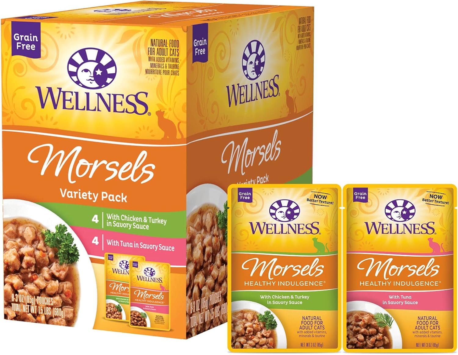 Wellness Healthy Indulgence Morsels Variety Pack Adult Wet Cat Food, Natural, Protein Rich, Grain Free, 2 Flavors, 3 oz, Pack of 8 Pouches