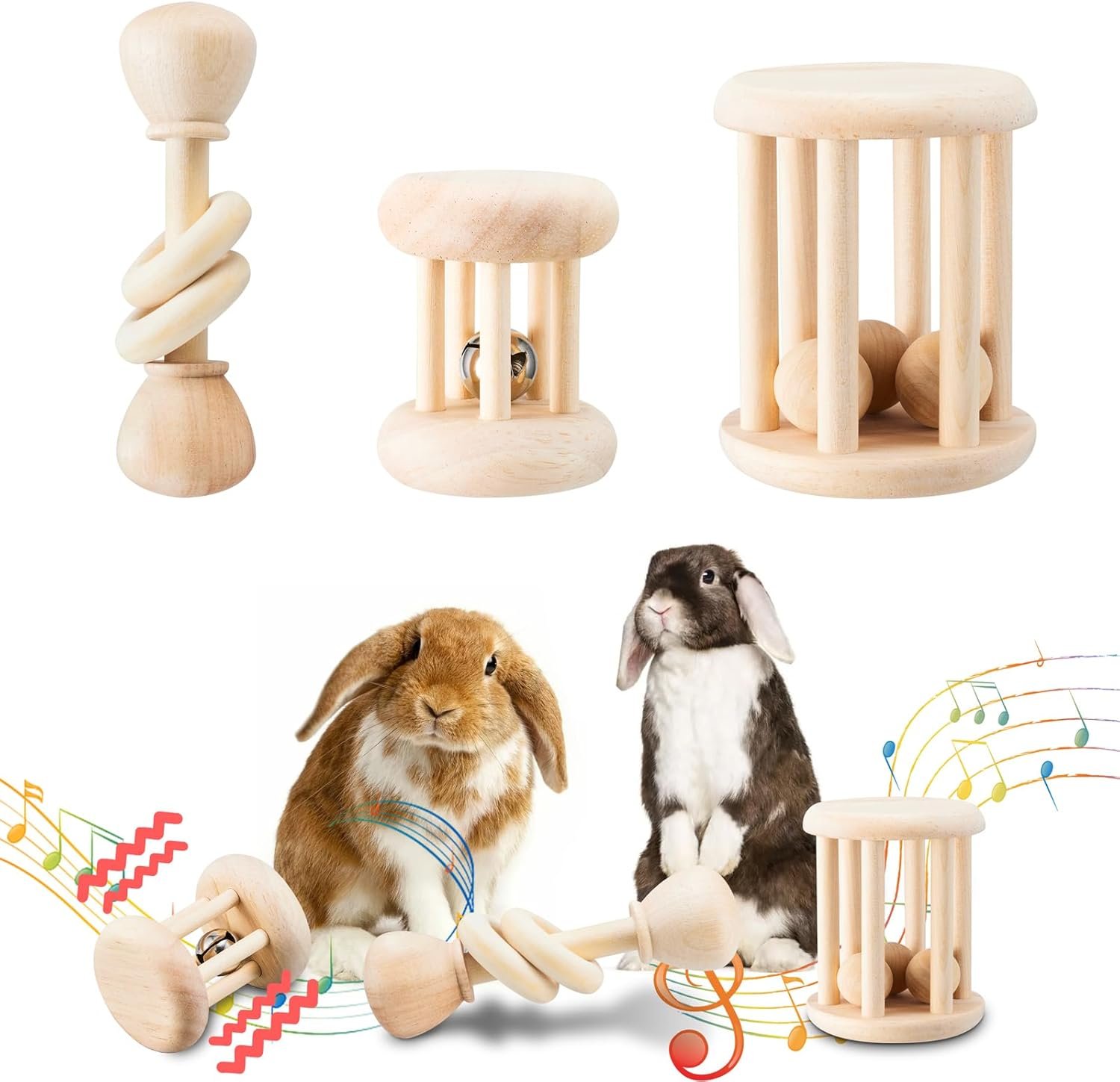 AOWPFVV 3 Pcs Wooden Bunny Toys – Safe Rabbit & Guinea Pigs Teeth Grinding Toys for Chinchillas, Hamsters & Small Animals – Indoor & Outdoor