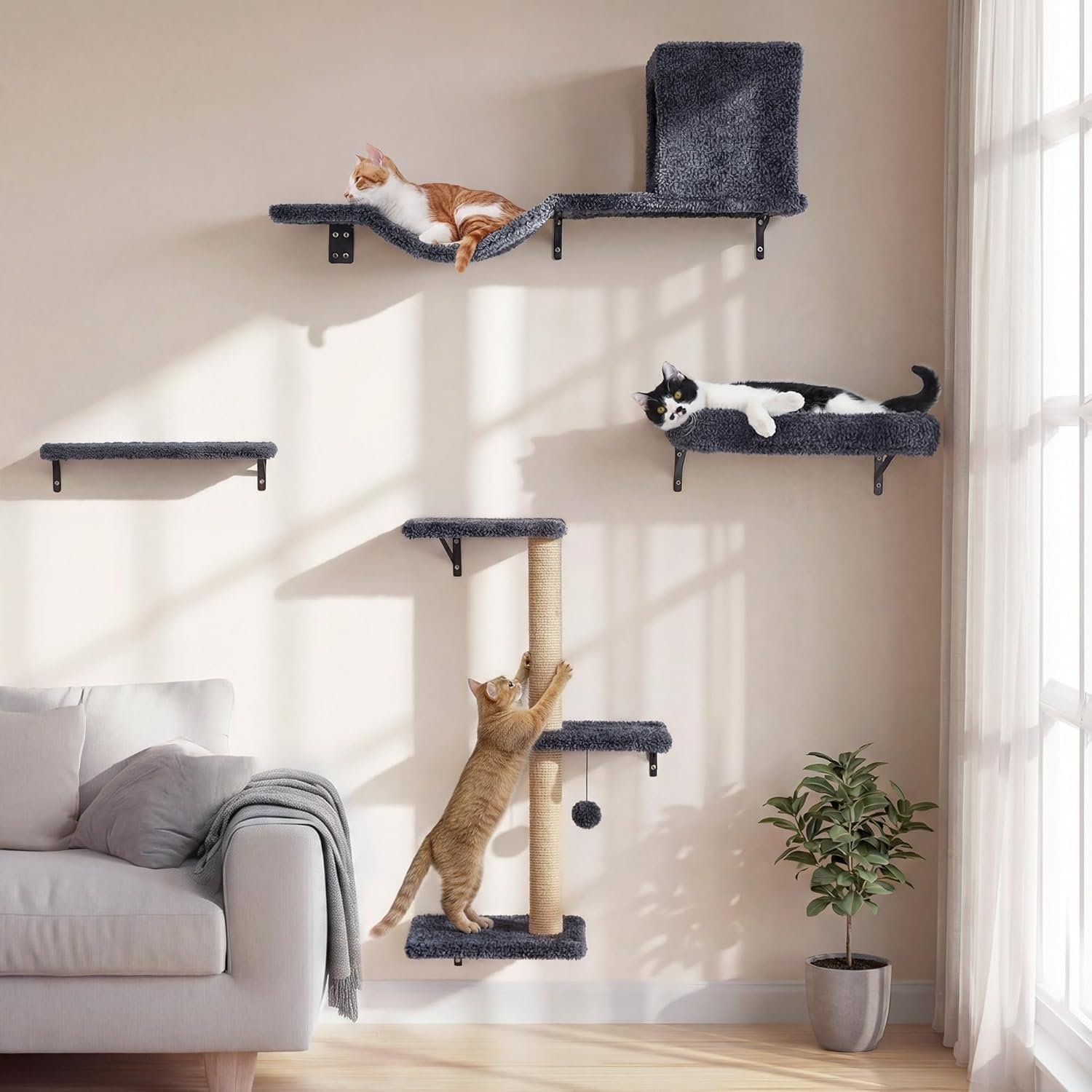 FUKUMARU Cat Wall Shelves, Stable & Safe 5 in 1 Cat Walls Furniture Set, Wooden Kitten Climbing Wall with Scratching Post for 16 Inch Drywall – Gray