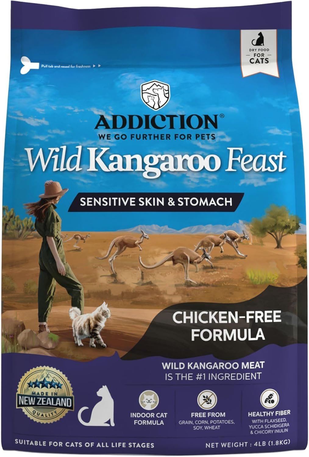 Addiction Wild Kangaroo Feast Dry Cat Food – Limited Ingredients, Novel Protein for Cats with Sensitive Skin & Stomach – Chicken Free & Grain-Free – Made in New Zealand 4lb