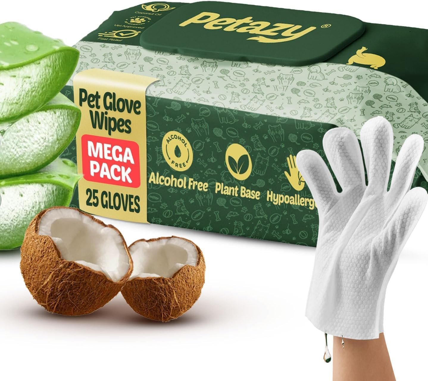 Petazy Pet Glove Wipes for Dogs & Cats – Hypoallergenic Thick Cleaning Gloves with Aloe & Coconut Oil for Paws, Face, Ears & Butt, Instant No Rinse Grooming Wipes to Deodorize and Hydrate, 25 Pack