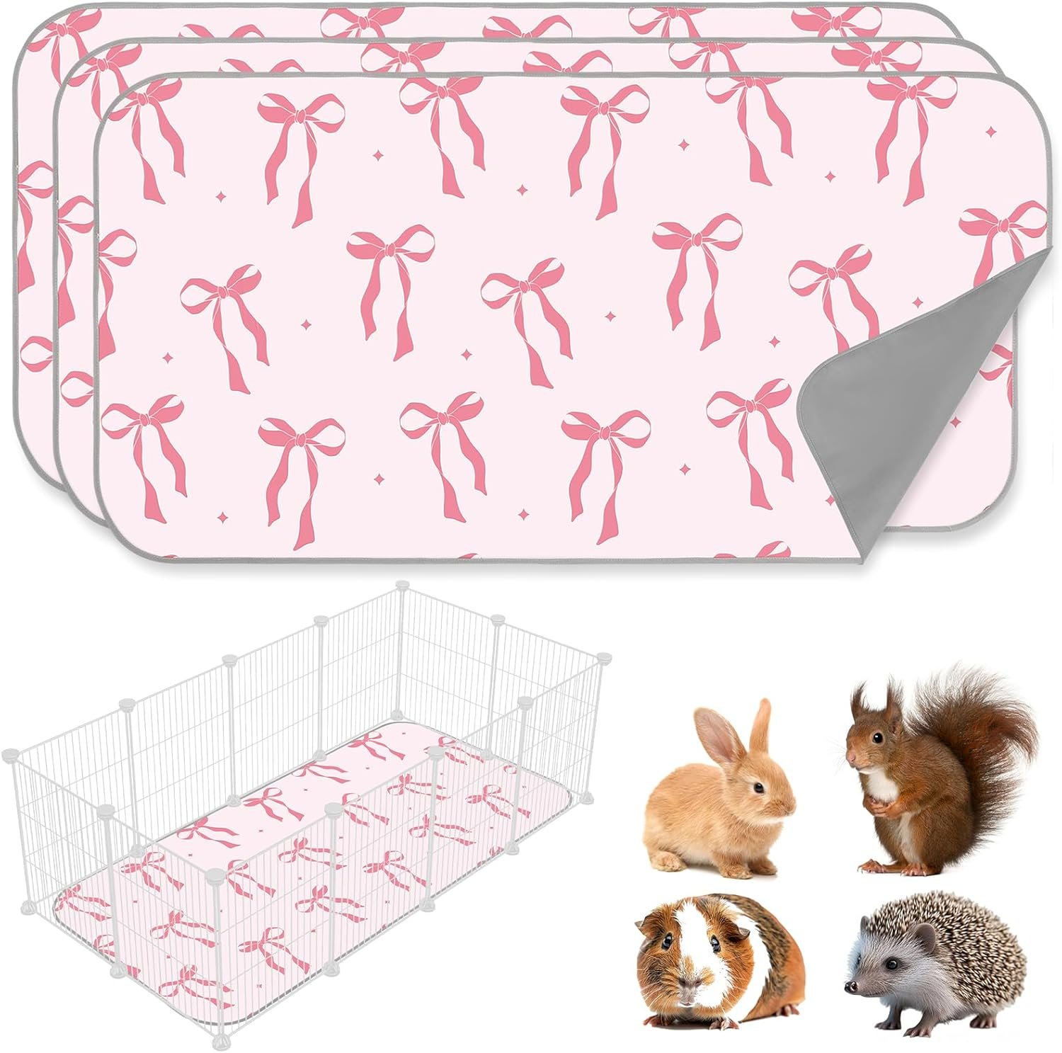 JarThenaAMCS 3 Packs Guinea Pig Pee Pads 24″ x 47″ Reusable Guinea Pig Pee Mat Pink Bow Washable Small Animal Cage Liner for Rabbit Hamster Chinchilla Ferret Rat
