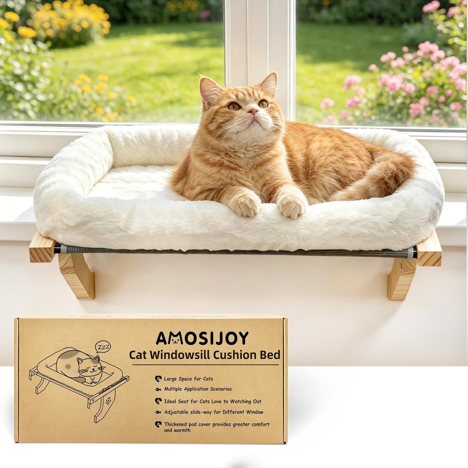 AMOSIJOY Cat Sill Window Perch Sturdy Hammock Window Seat with Cushion Bed Cover, Wood & Metal Frame for Large Cats, Easy to Adjust Cat Bed for Windowsill, Bedside, Drawer and Cabinet(Cushion Bed)
