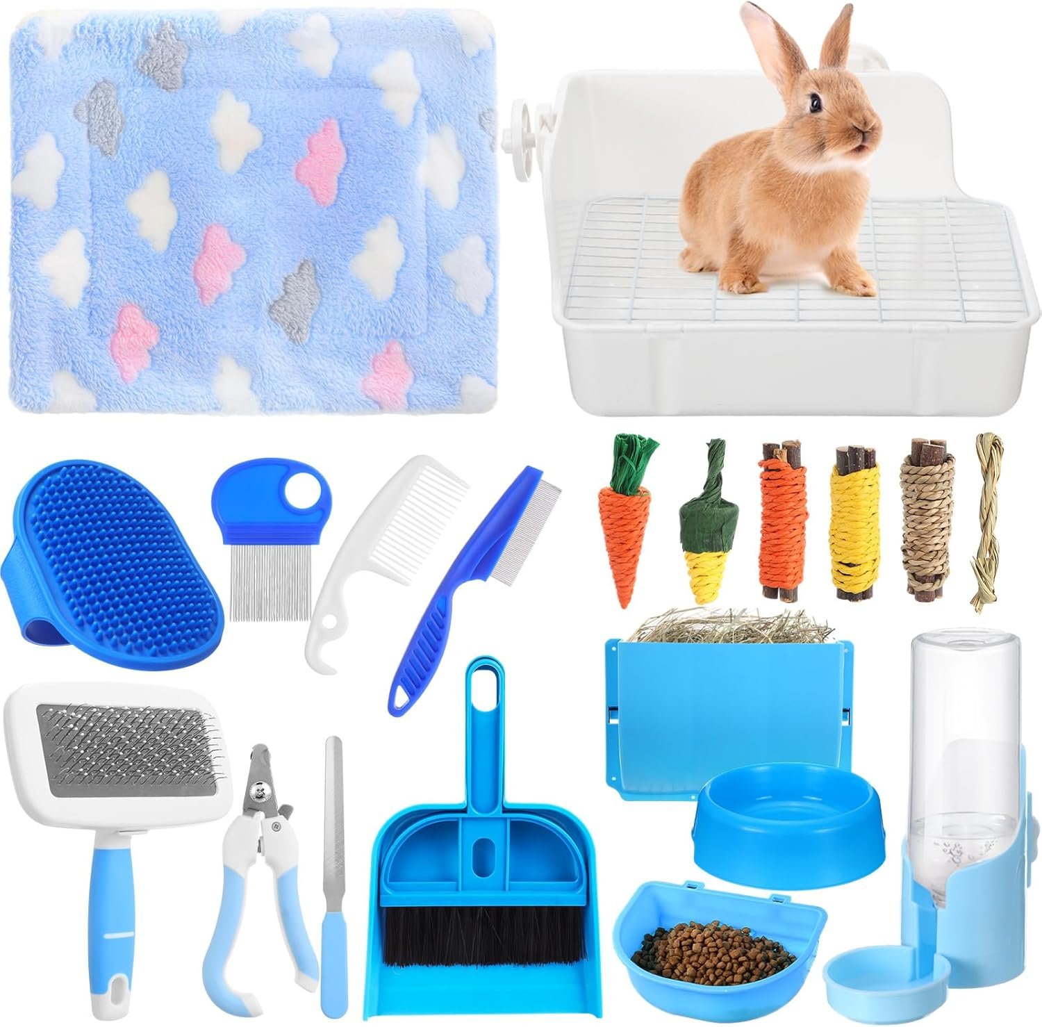 20 Pcs Rabbit Starter Kit Small Bunny Litter Box Animal Grooming Kit with Hanging Pet Bowls Water Bottle Bunny Toys Flannel Blankets with Cleaning Set for Guinea Pig Rabbit Accessories(Blue)