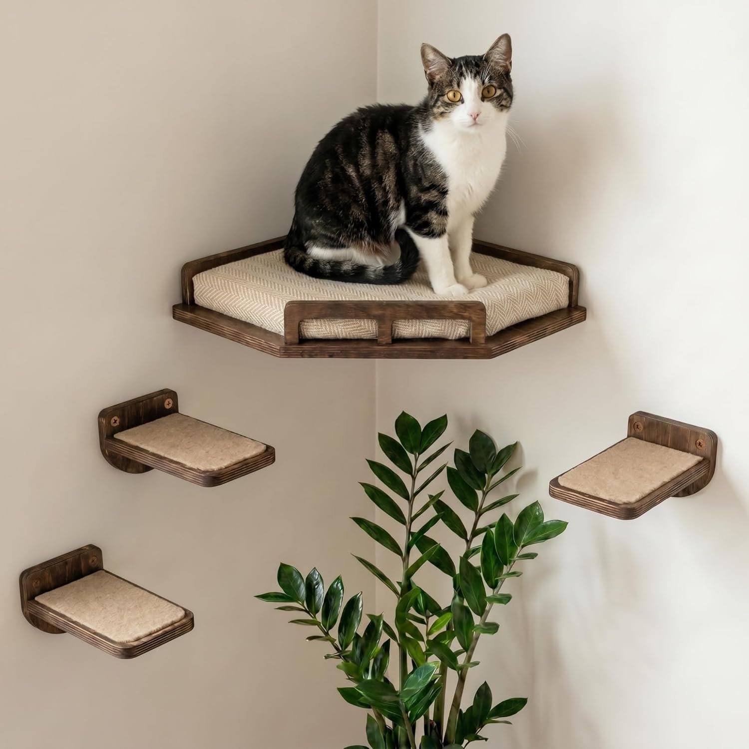 INICIO Cat Wall Shelves – Safe and Sturdy Cat Wall Furniture – Stylish Natural Wood Corner Shelf with 3 Steps for Cats up to 15lbs – Cushioned Perch and Stairs for Climbing and Playing – Dark Brown