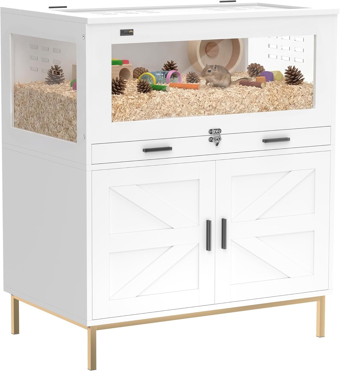 PawHut Hamster Cage with Storage Cabinet, Small Animal Cage with Pull Out Drawer and Acrylic Panels, Ventilated Large Guinea Pig Habitat for Bunny, Hedgehog, Gerbil, Rat, 30″ x 19.5″ x 36″
