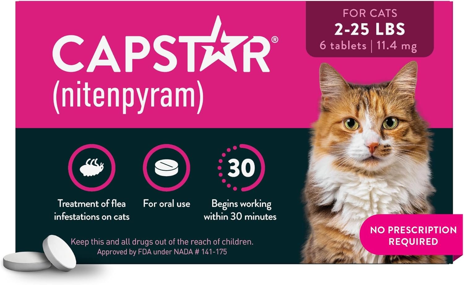 Capstar (nitenpyram) Cat Flea Treatment, Fast-Acting Oral Flea Treatment for Cats 2-25 lbs, Vet-Recommended Medication Tablets Start Killing in 30 Minutes, 6 Doses