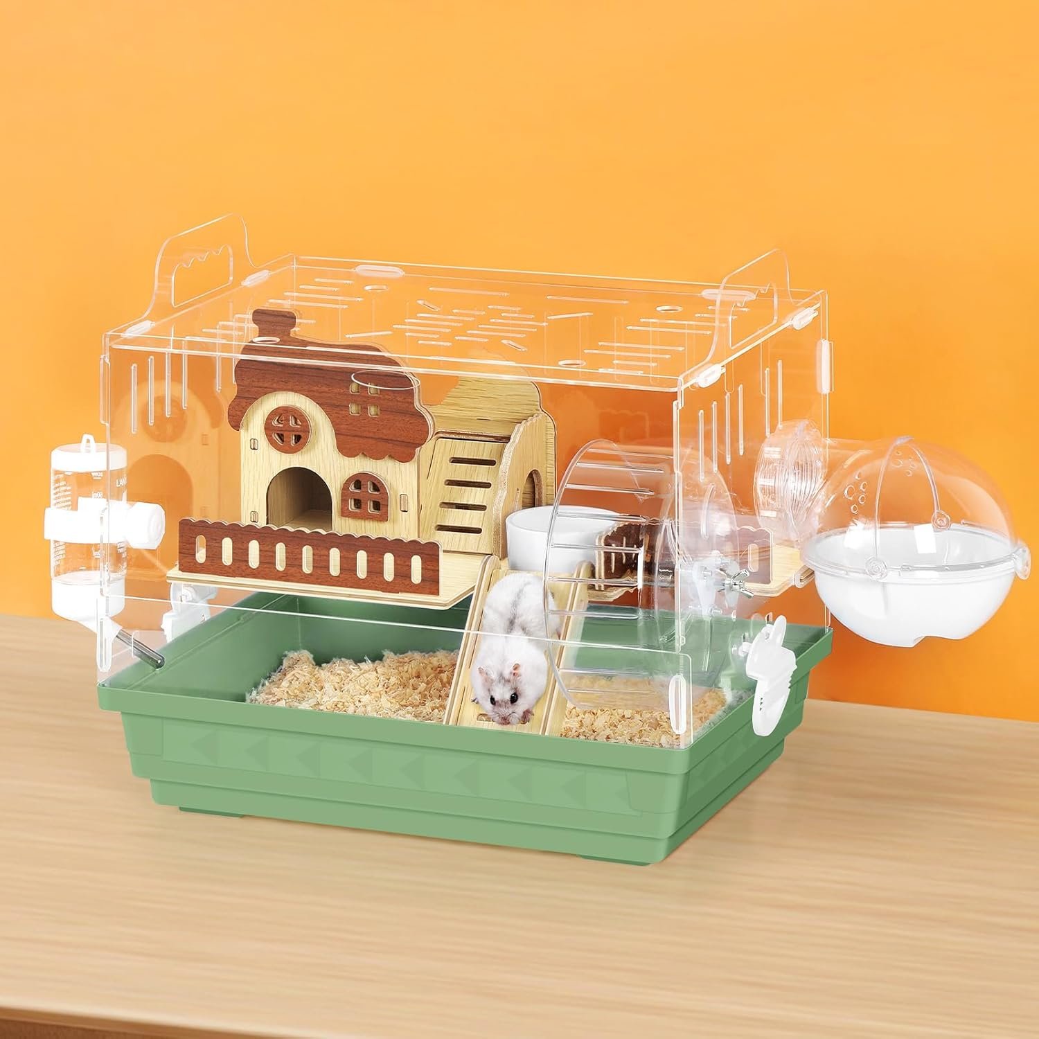 Hamster Cage Acrylic Hamster Habitat 360 Viewing Transparent Pet Rat Cage with Running Wheel & Hideout for Dwarf/Syrian Hamsters, Mice & Gerbils, Green, 13.3″ L*10.2″ W*12.4″ H