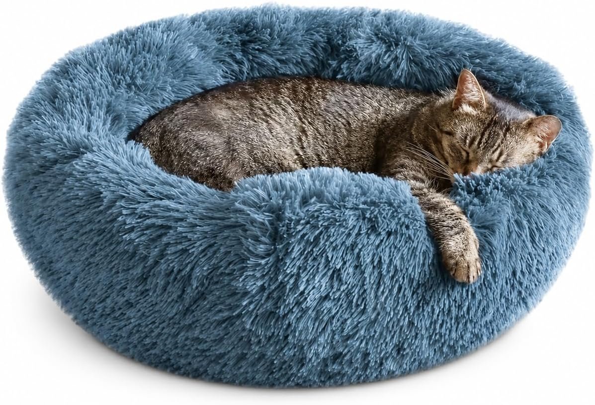 Whiskers & Friends Cat Beds for Indoor Cats, Fluffy Calming Donut Cat Bed, Small Dog Bed Washable – Orthopedic Soft Plush Pet Beds Sized for Kitten to Large Cats & Puppy to Small Dogs – Navy Grey 20”