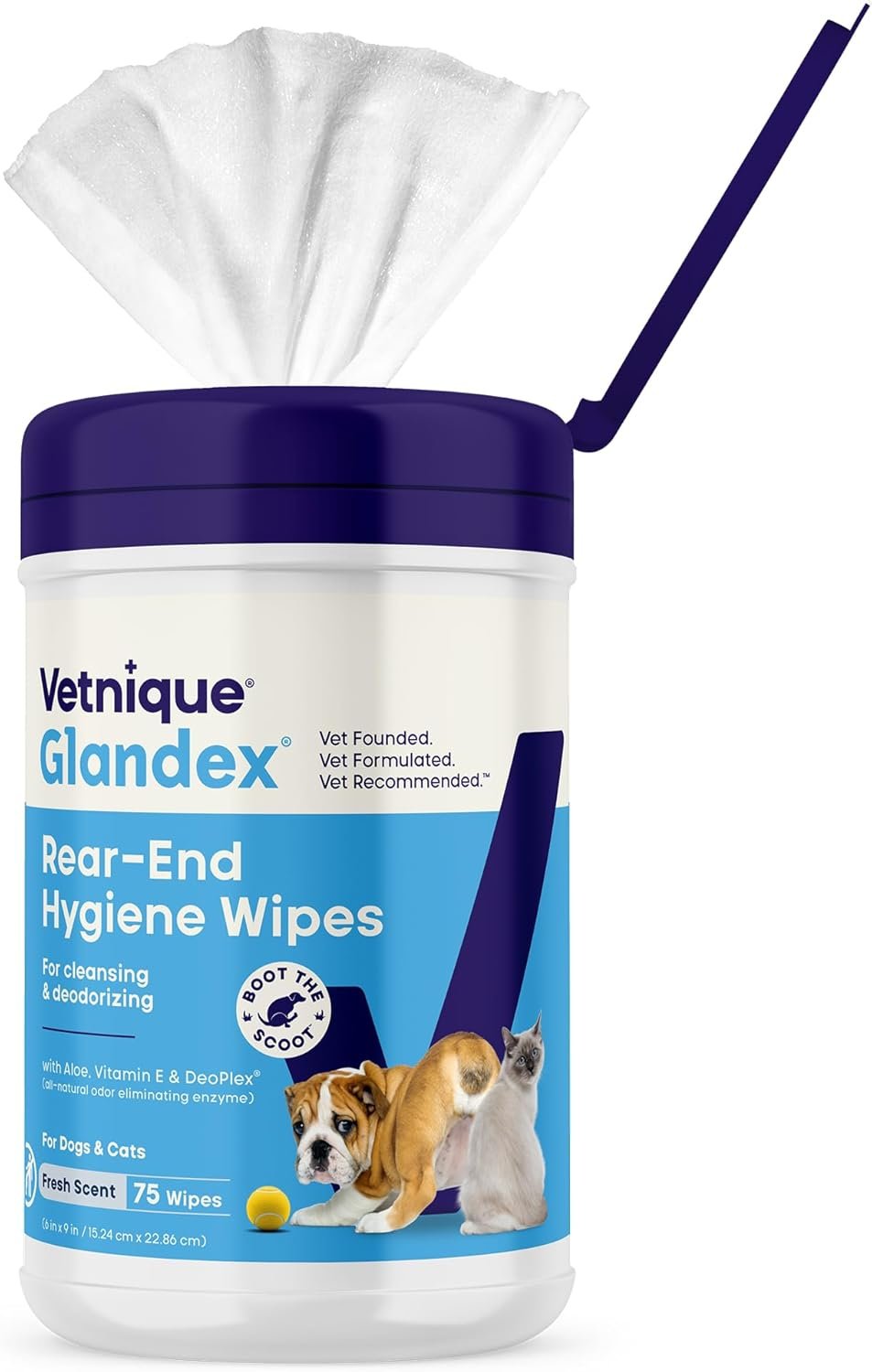 Vetnique Glandex Rear End Wipes for Dogs & Cats, Anal Gland Hygiene & Deodorizing Dog Wipes for Paws and Butt, Boot The Scoot with DeoPlex Enzyme, Aloe & Vitamin E (75ct)
