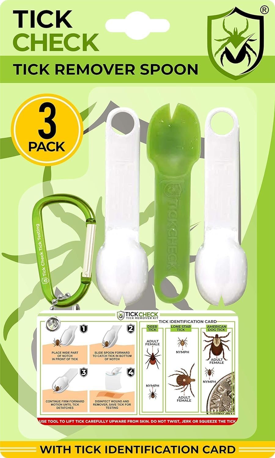 TickCheck Tick Remover Spoon – 3 Pack of Lightweight Tick Remover Tools with Free Tick ID Card & Carabiner (1 Set, 3 Spoons)