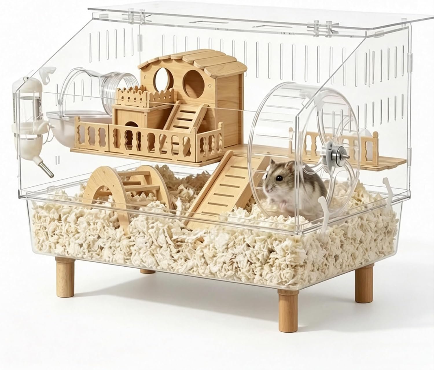 Clear Acrylic Dwarf Hamster Cage Kit with 18cm Silent Wheel & All-in-One Accessories – Spacious All-in-One Habitat for Small Rodents – 18.5″x11.8″x14.6″