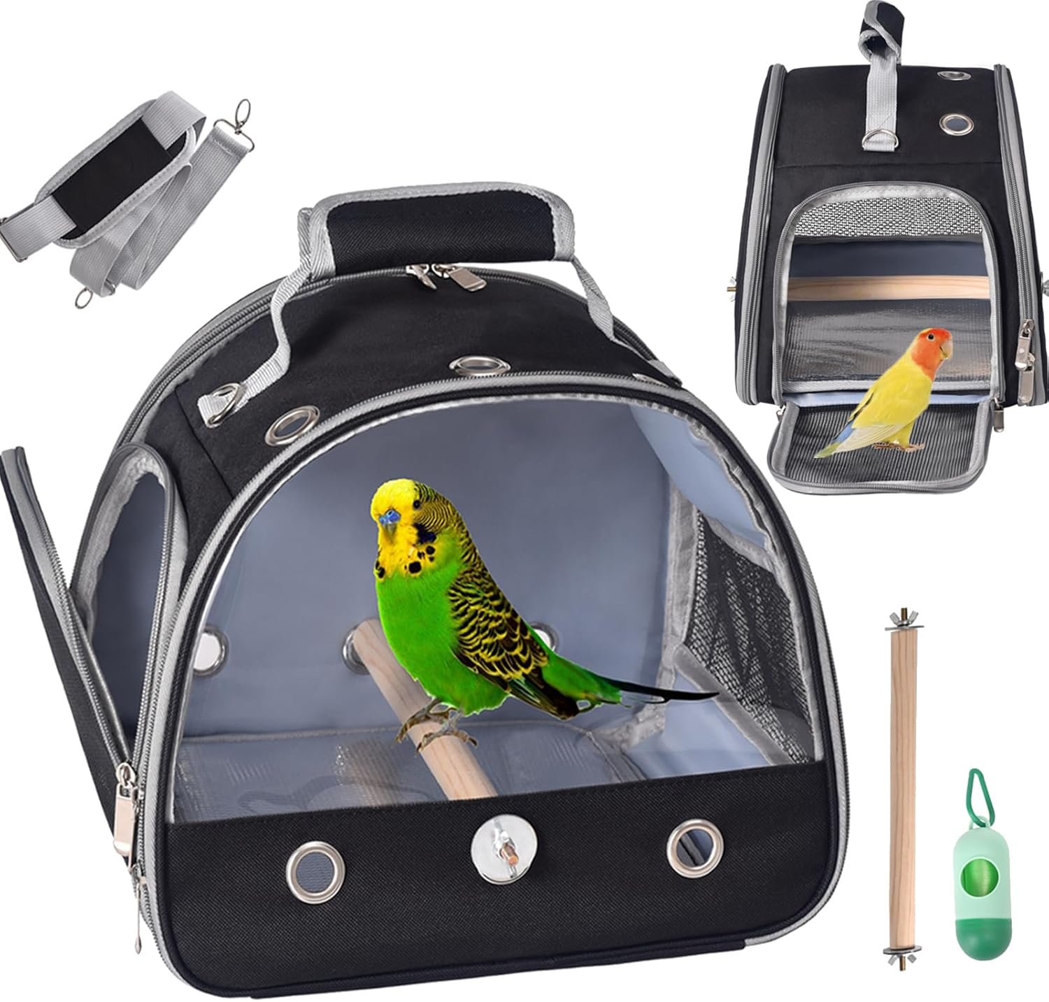 FCQQYWZ Bird Carrier with Stand & Tray, Small Bird Travel Cage for Parrot & Parakeet, Shoulder Strap – Black