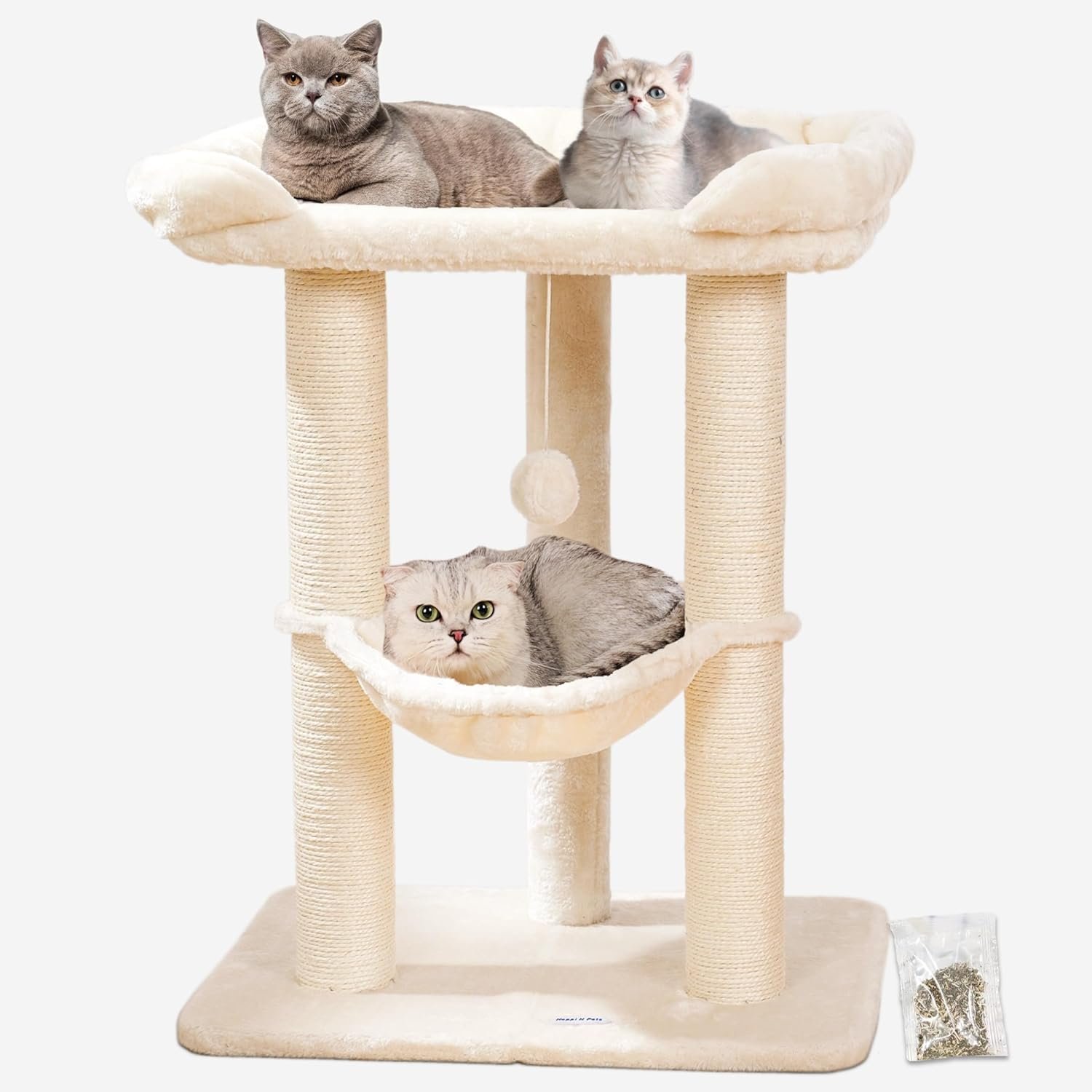 Happi N Pets 28″ Cat Tree, Large Bed for Big Cats, Small Cat Tower with Soft Perch for Window Viewing, Stable Cat Tree Tower, Cat Scratching Post with Hammock, Removable Cover-Beige