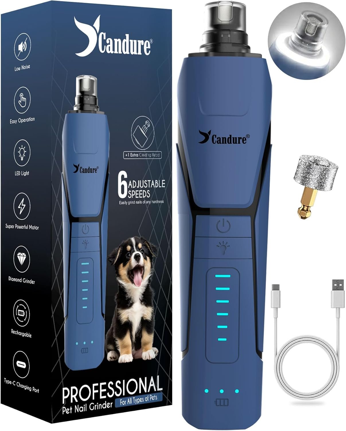 Candure Dog Nail Clipper with LED Light – Illuminates Nail Bloodline for Safer Trimming, Sharp Blade for Thick Nails – Grooming Tool with Nail File (All Size Pets, Dark Blue)