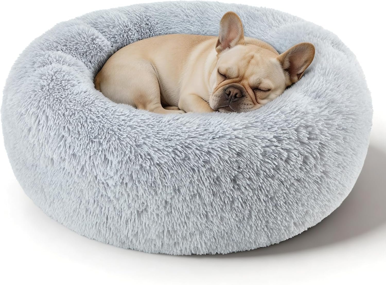 Dog Calming Beds for Small Medium Large Dogs – Round Donut Washable Puppy Dog Bed, Anti-Slip Faux Fur Fluffy Donut Cuddle Anxiety Cat Pet Bed(Light Grey 20″)