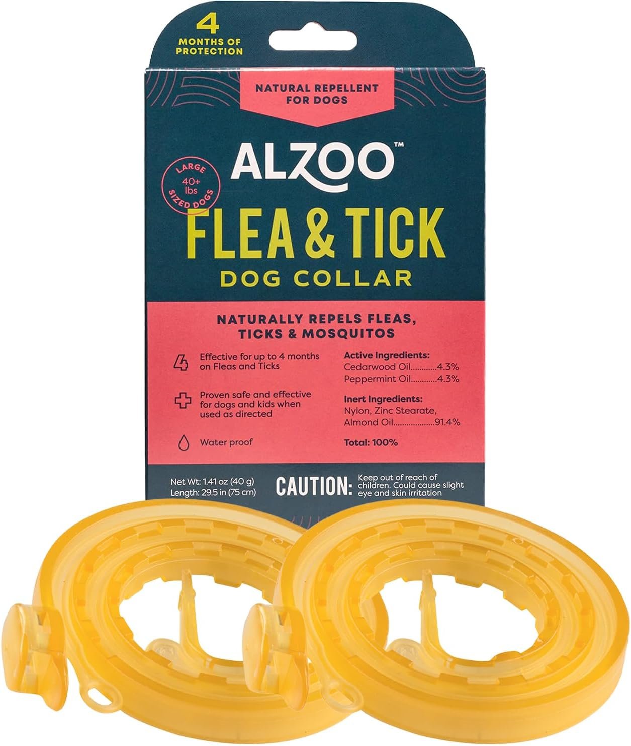 ALZOO Plant Based Flea & Tick Dog Collar – Helps Repel Fleas, Ticks & Mosquitoes – 100% Plant-Based Active Ingredients – Waterproof – Up to 4 Months Protection – Large-Sized Dogs: 40+ lbs – Pack of 2