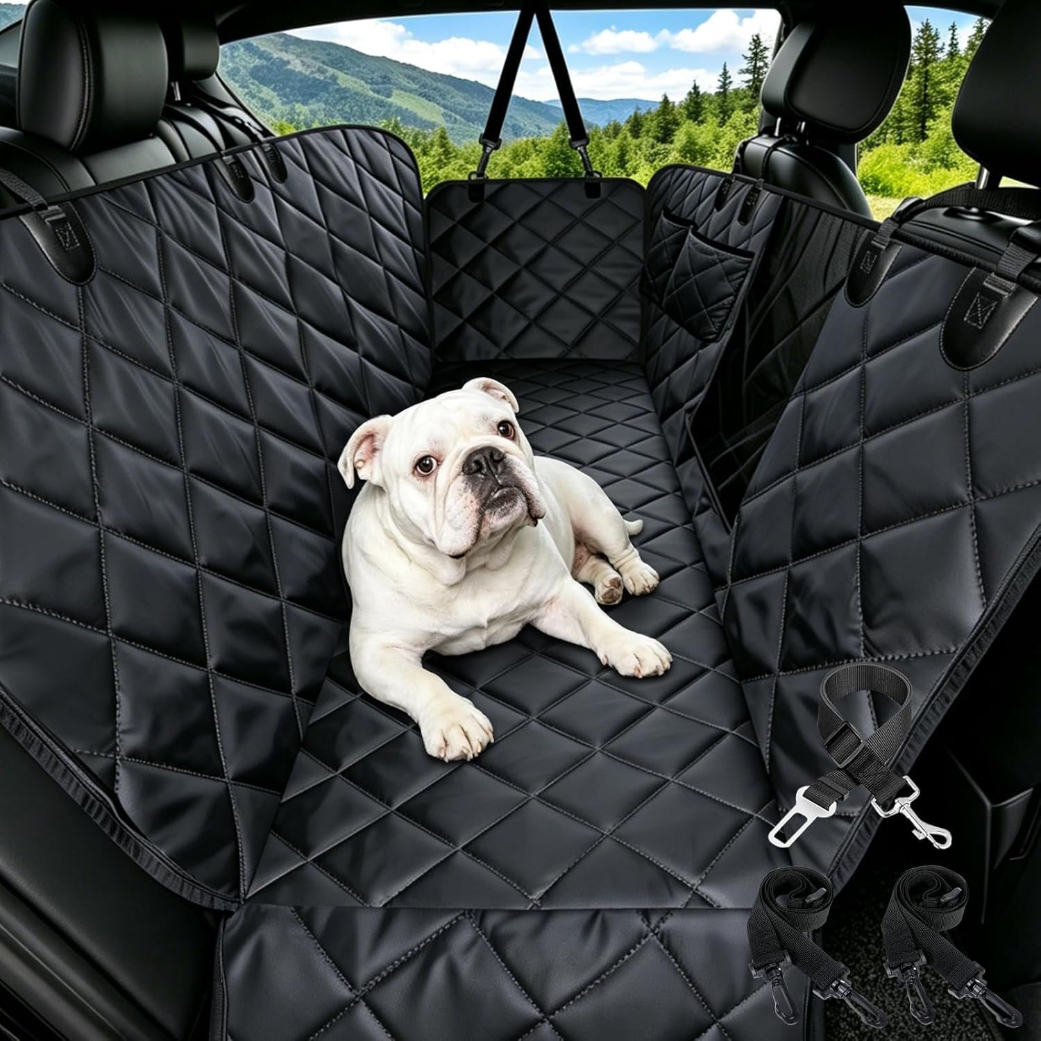 Dog Car Seat Cover for Back Seat | Mesh Window & Safety Belt | 100% Waterproof Dog Hammock for Safe Travel with Side Door Protectors | Non-Slip, Scratchproof Pet Rear Seat Cover for Car, SUV,Truck