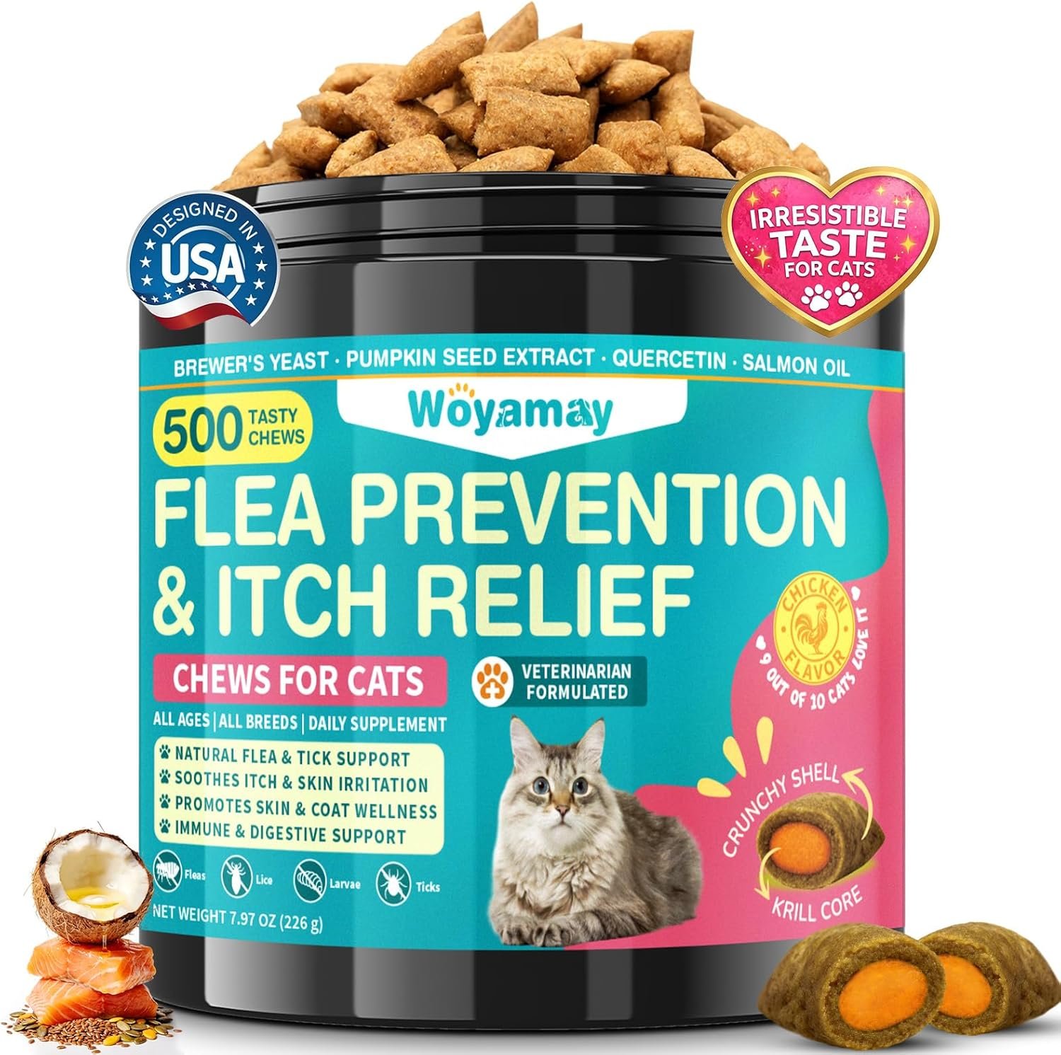 Woyamay Flea Treatment for Cats & Itch Relief Chews, 500 Crunchy Cat Flea Treatment Chews, Cat Itchy Skin Relief, Cat Itching Relief & Skin Care, Flea Prevention for Cats, Chicken Flavor