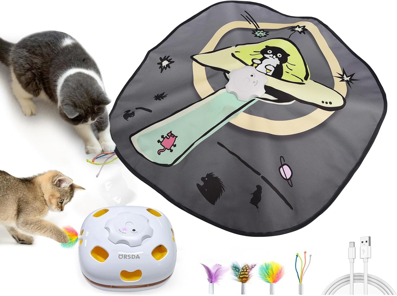 ORSDA 4 in 1 Interactive Cat Toys – Automatic Cat Toys for Indoor Cats & Kittens, 8 Holes Mice Whack-A-Mole, Hide and Seek Smart Motion with 5PCS DIY Replacement Refills
