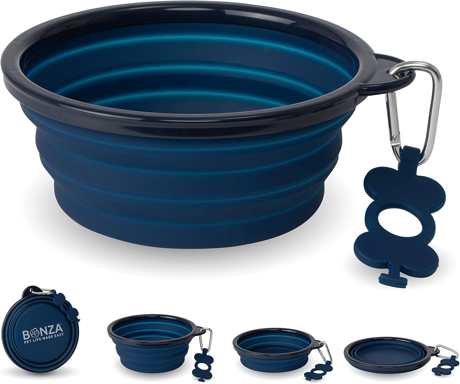 Bonza Collapsible Dog Bowl – Portable Travel Water Bowl for Dogs – Dishwasher Safe Silicone Pet Dish – Collapsible Pet Dish with Carabiner Clip – 50 Oz, X-Large, Navy Blue