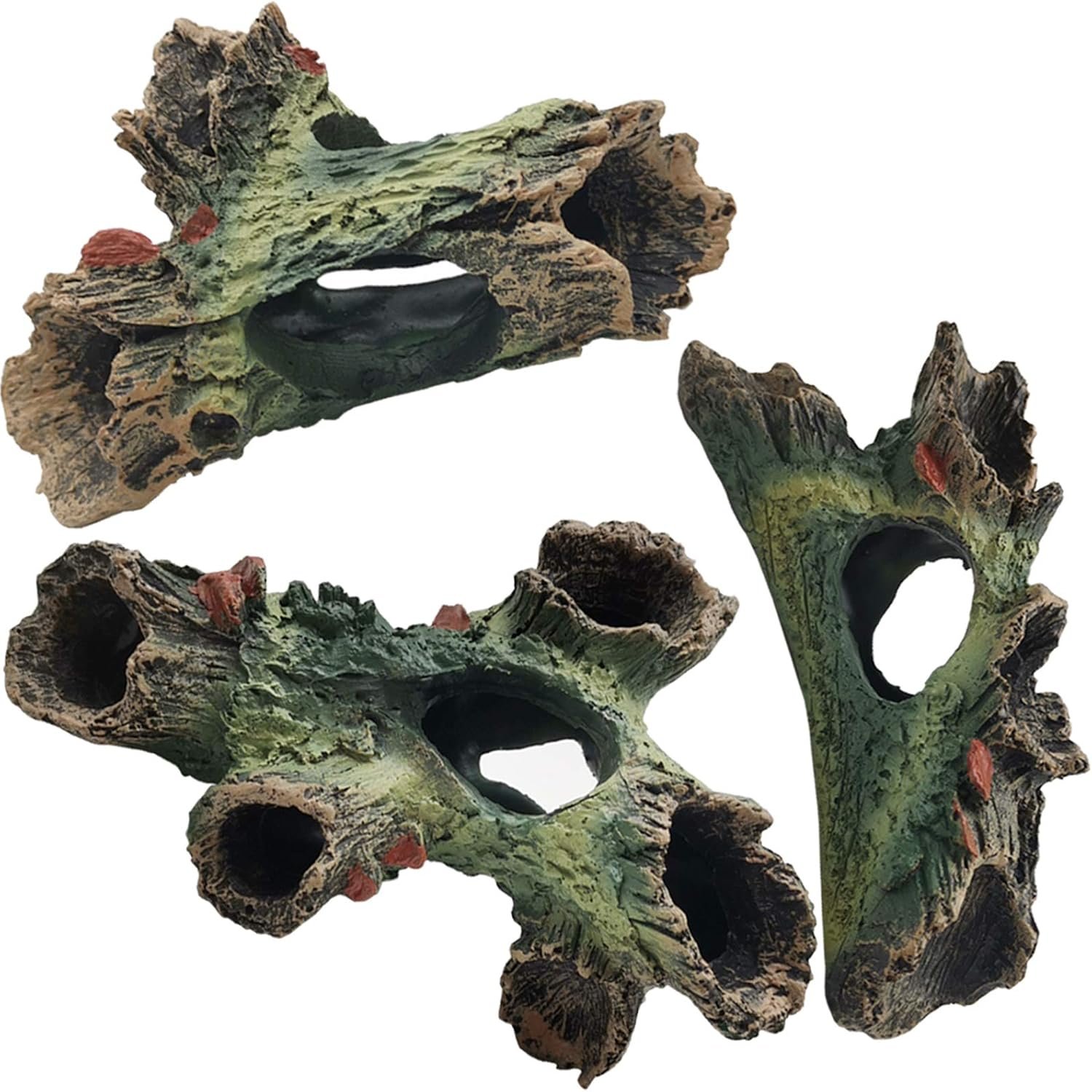 TIHOOD 3PCS Decaying Trunk Aquarium, Betta Fish Ornament, Freshwater Decoration – Resin Log With Holes and Caves for Fish Tank