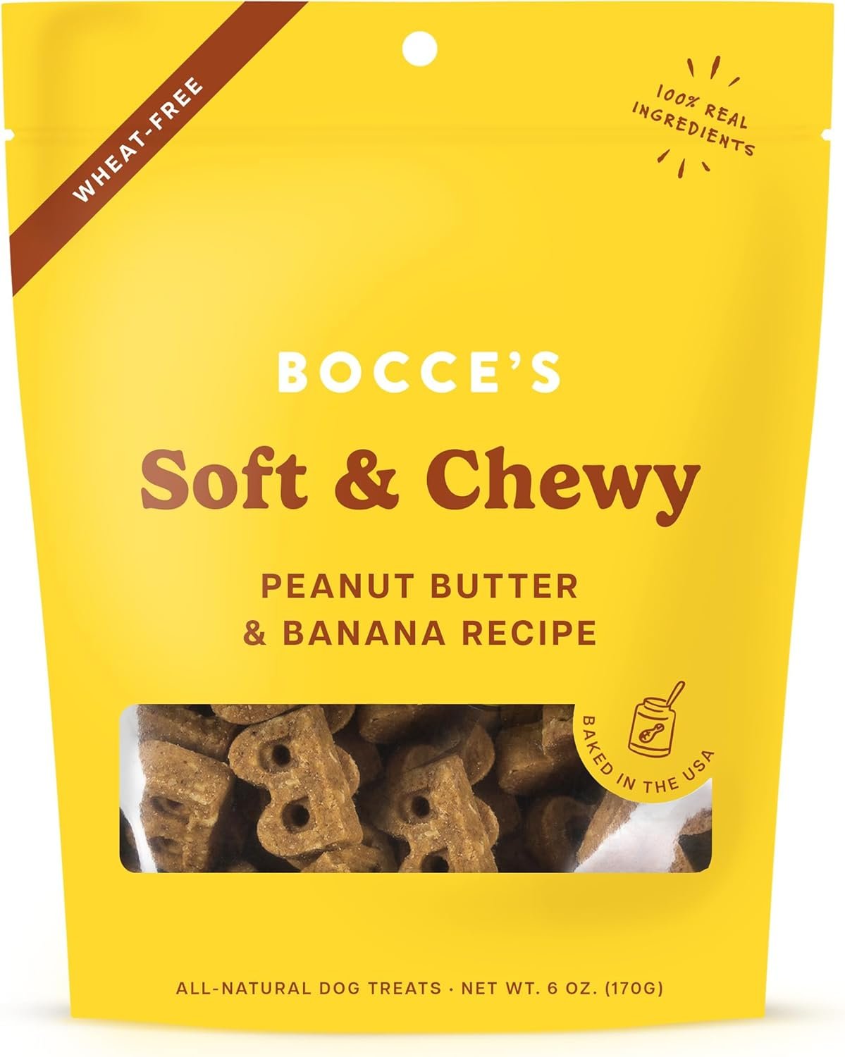 Bocce’s Bakery Oven Baked PB & Banana Recipe Treats for Dogs, Wheat-Free Everyday Dog Treats, Real Ingredients, Baked in The USA, Natural Soft & Chewy Cookies, Peanut Butter & Banana, 6 oz