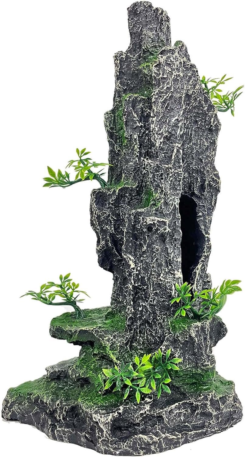 Aquarium Mountain View Stone Ornament Tree Rock Cave Aquarium Decorations Large and Tall Extra Large Aquarium Decorations for Fish Tank Decorations for Fish Tank – 14 Inches High