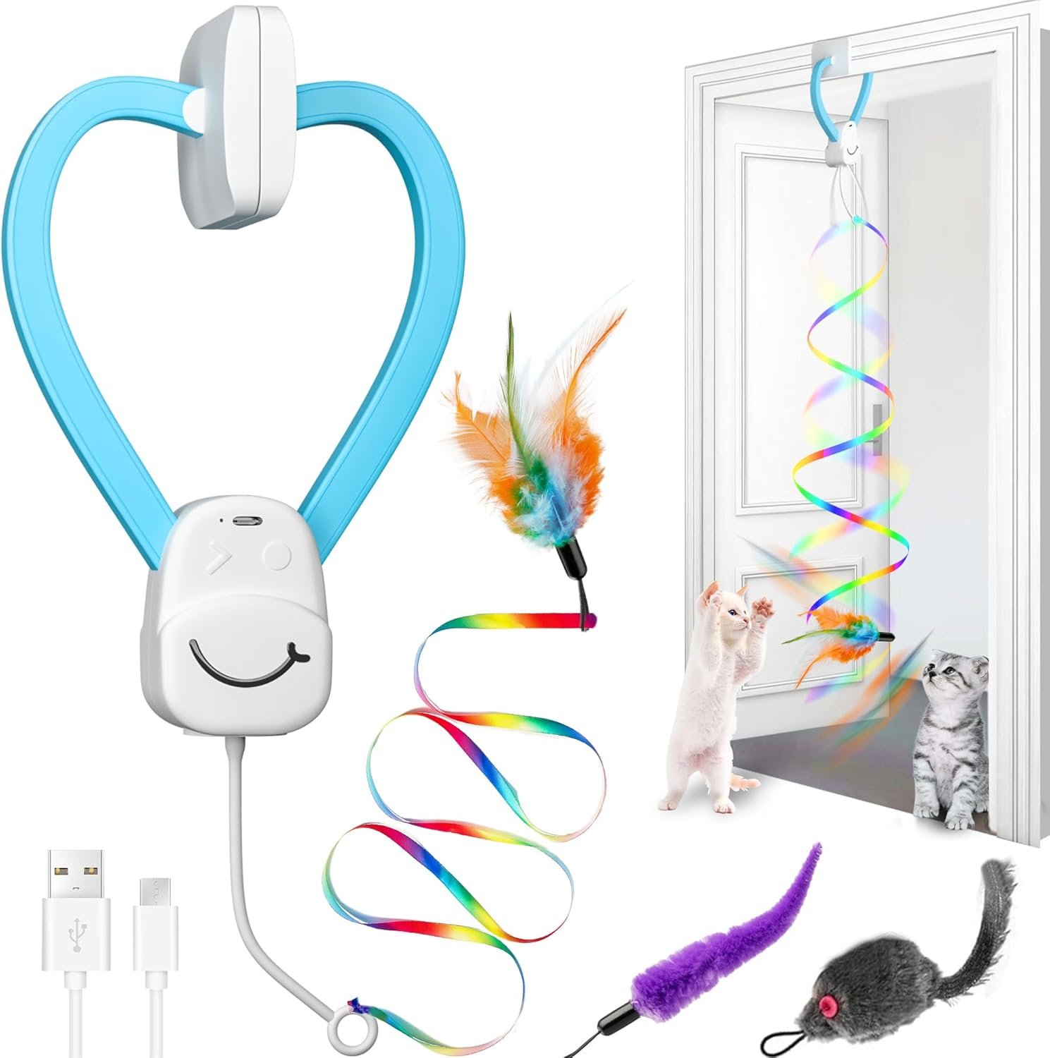 Smart Automatic Door Hanging Cat Toy for Indoor Cats – Electric Interactive Feather Wand, Mouse & Worm Set, 360° Rotating, Type-C Rechargeable, Quiet Self Play Enrichment for Bored Kittens