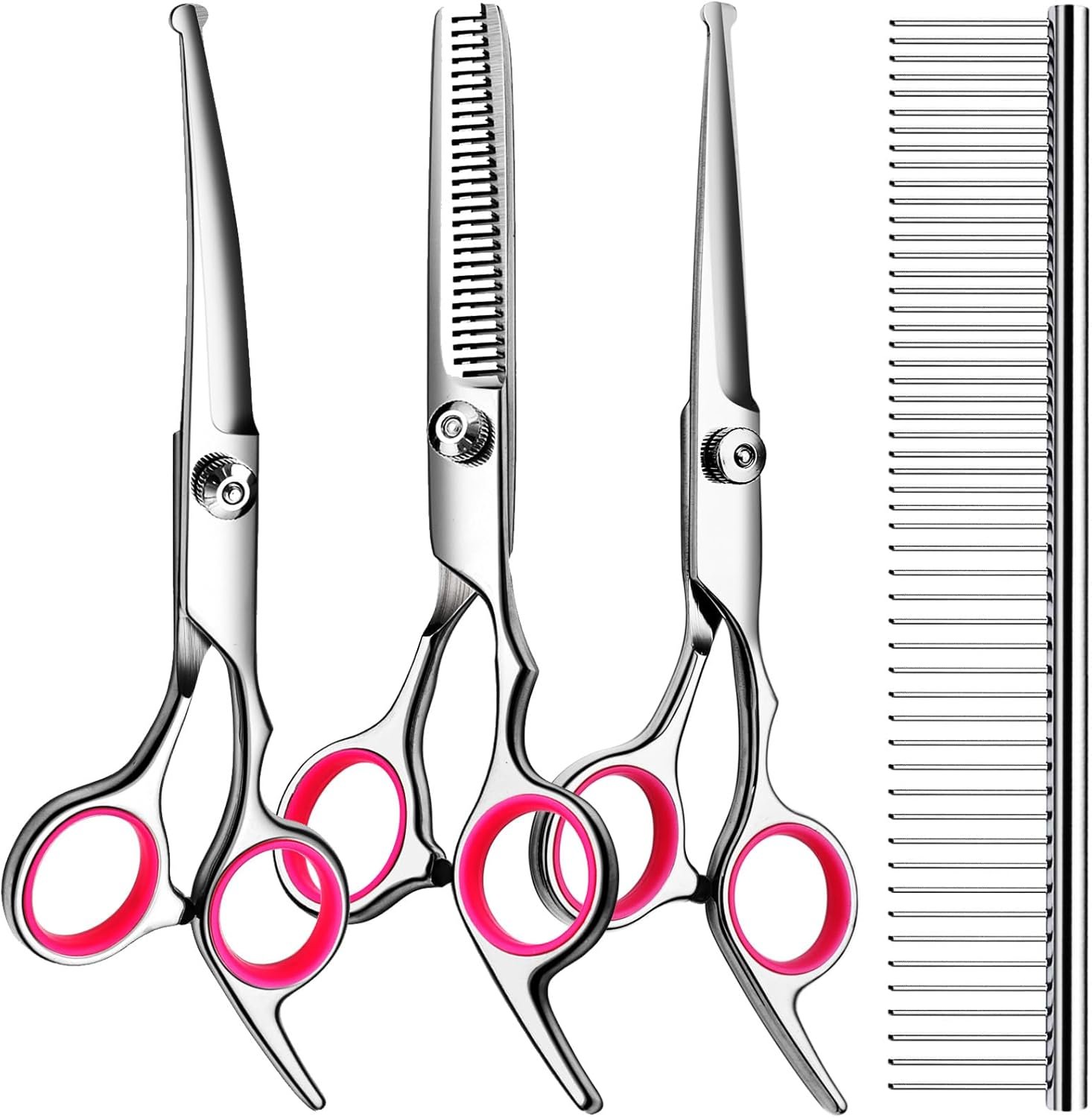 TINMARDA Dog Grooming Kit, Professional Stainless Steel Dog Grooming Scissors with Curved Shears, Pink Finger Rings – 4 Piece Sharp Durable Pet Shears for Dogs Cats At Home Salon-Quality Grooming