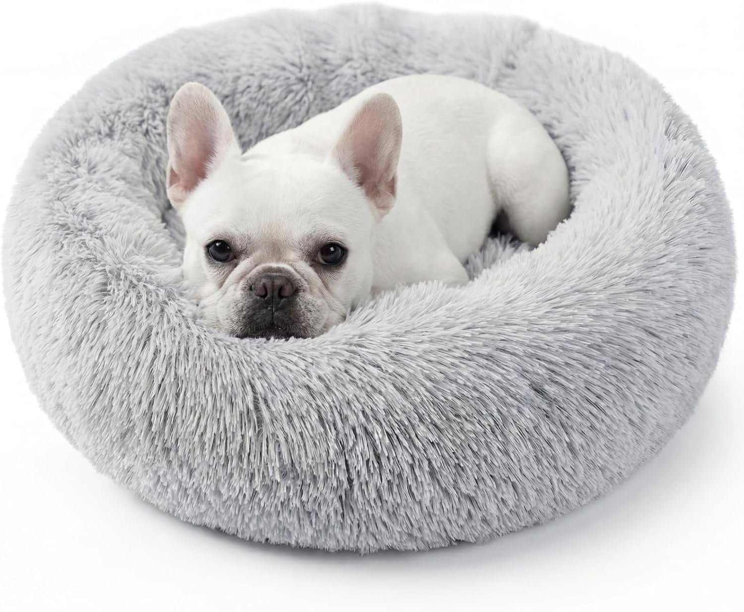 WROS Calming Dog Bed, 24″ x 24″ x 6″ Fits Cat & Dog, Anti-Slip Round Washable Faux Fur for Doze Off, Napping Orthopedic, Grey
