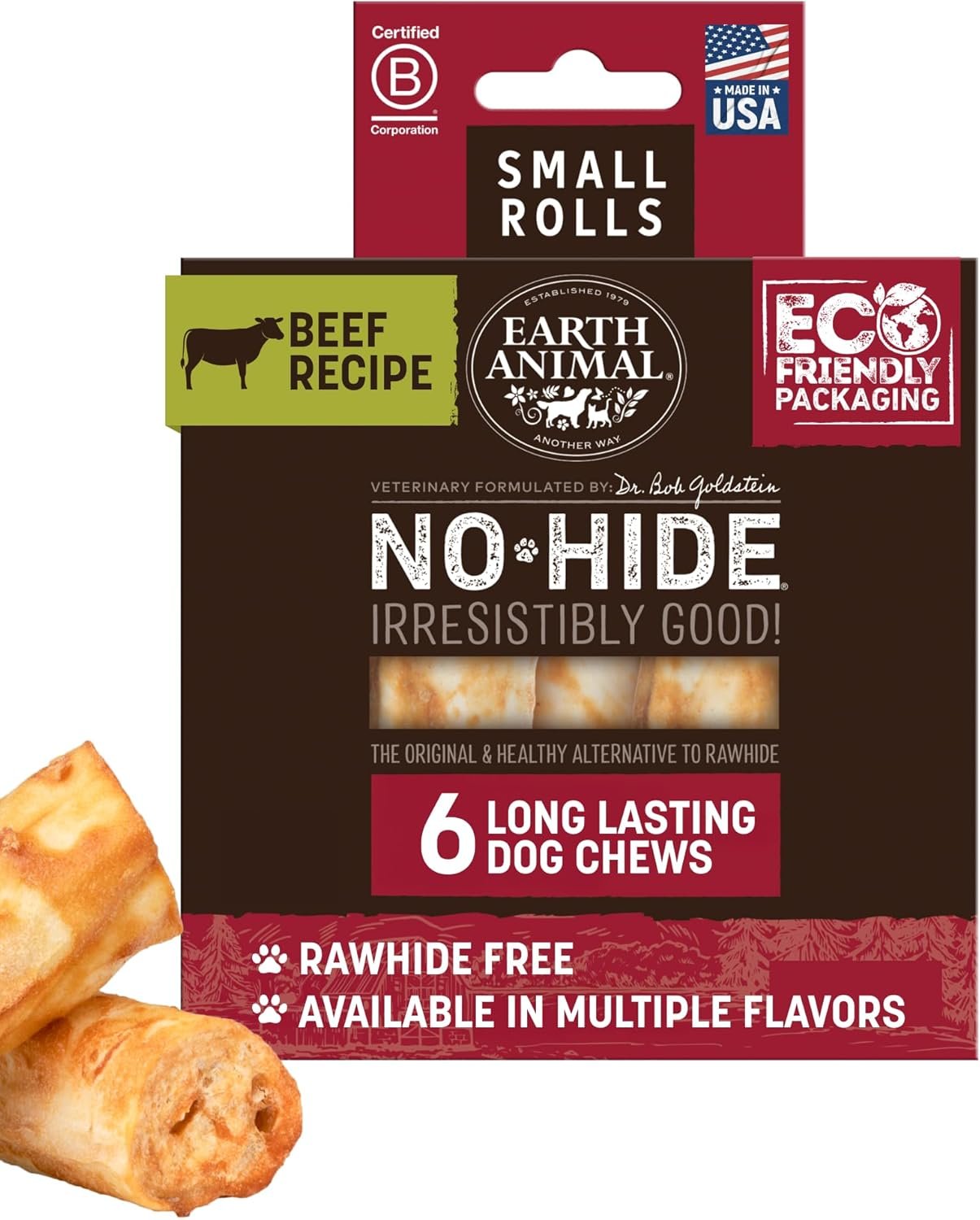 Earth Animal No Hide Chews – Long Lasting Rawhide Free Small Dog Chews Rolls, Beef – 6 Count