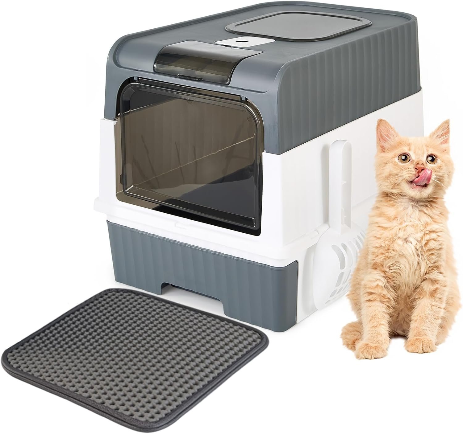 Cat Litter Box with Litter Mat, 18″x14″x13″ Large Litter Box for Big Cats, Enclosed Removable Litter Boxs, Front Entry Top Exit Kitty Box, Odor Control, Easy to Clean (Grey)