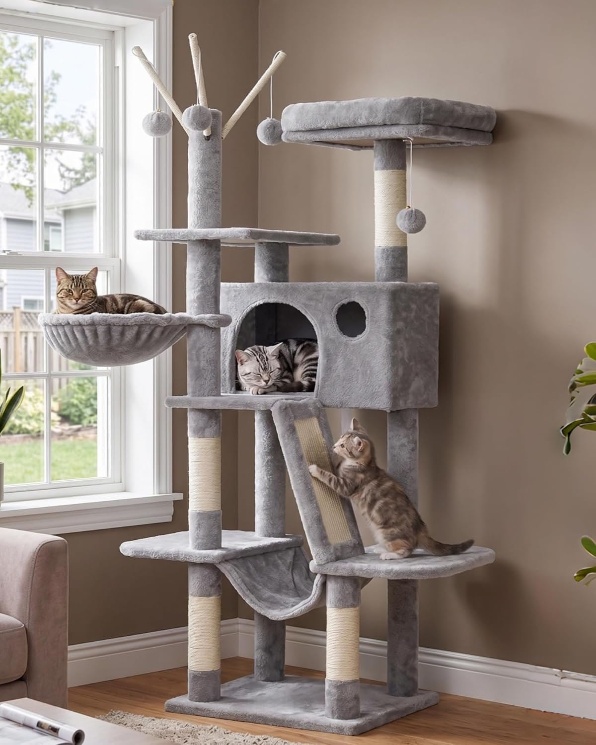 Hey-brother Cat Tree, 53 inch Cat Tower for Indoor Cats, Cat House with Padded Platform Bed, Toy Balls, Large Cozy Condo, Hammocks and Sisal Scratching Posts, Light Gray MPJ019-SW