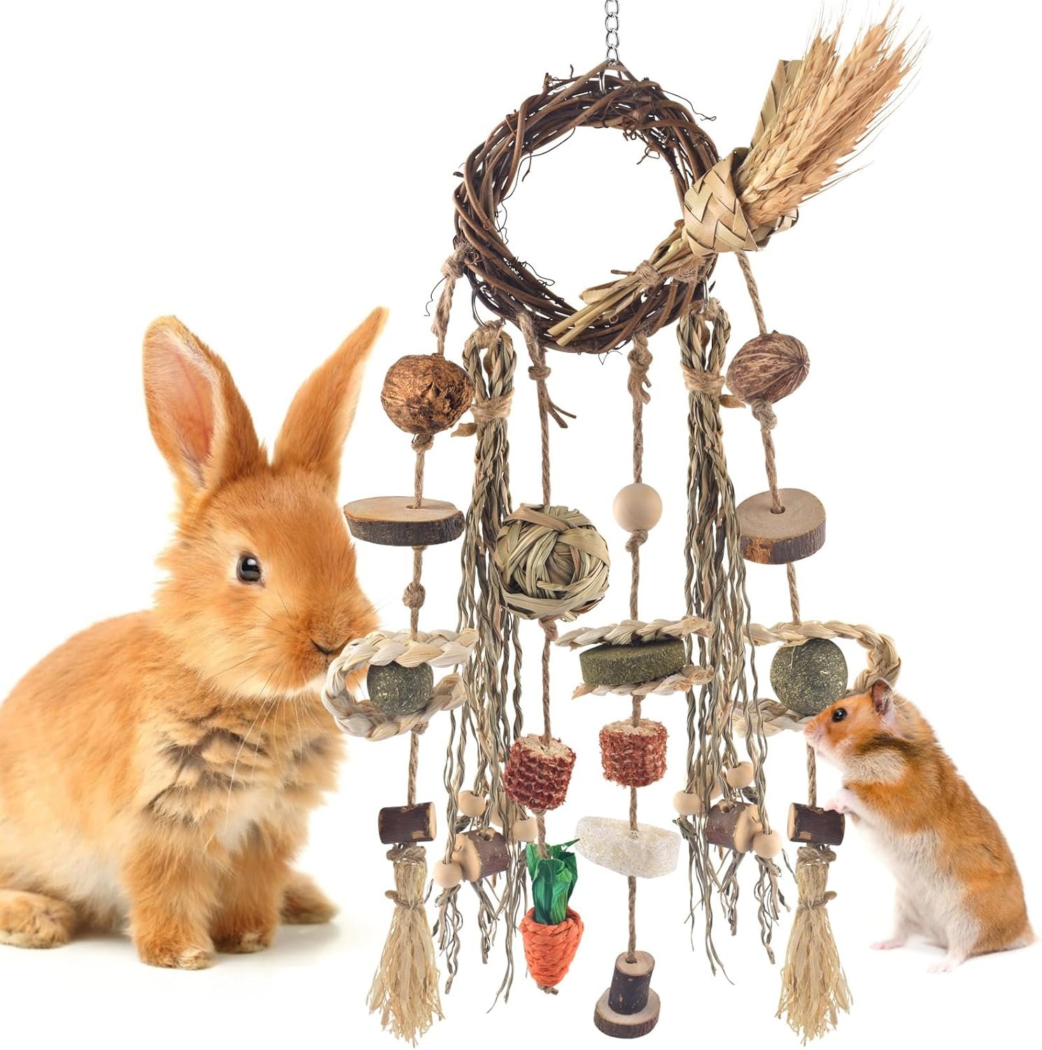 Bissap Bunny Chew Toy, Rabbit Cage Hanging Chewing Toy Treat Christmas Grapevine Wreaths Rattan Ring with Snack Water Grass for Guinea Pig Chinchilla Hamster Rat and Other Small Pet Teeth Grinding