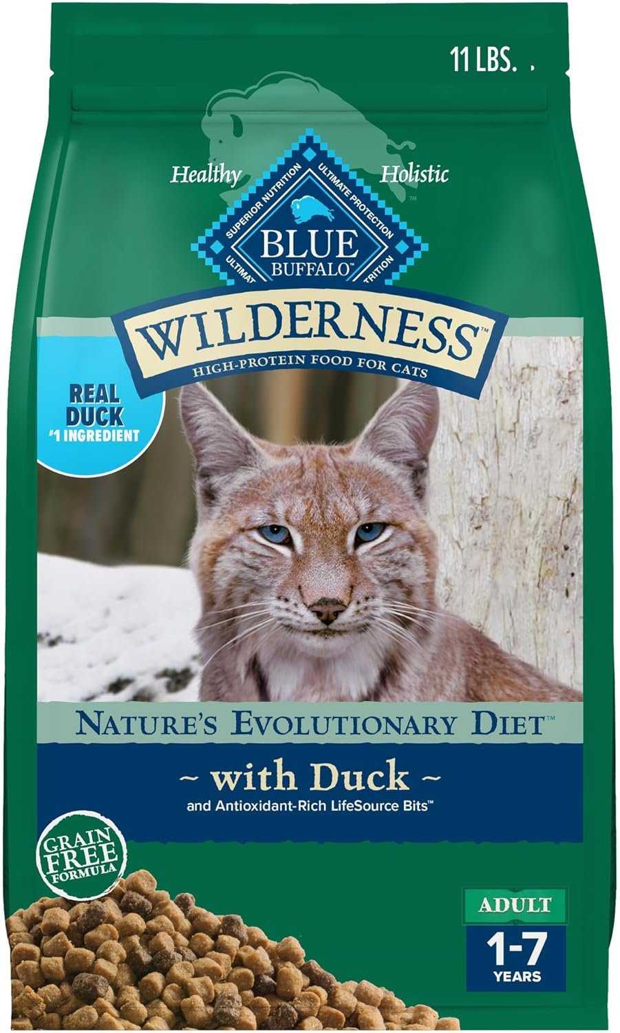 Blue Buffalo Wilderness with Duck Natural High-Protein Grain-Free Dry Food for Adult Cats, Real Duck First, Antioxidant-Rich LifeSource Bits Support Immunity, Promotes Strong Muscles, 11 lbs.