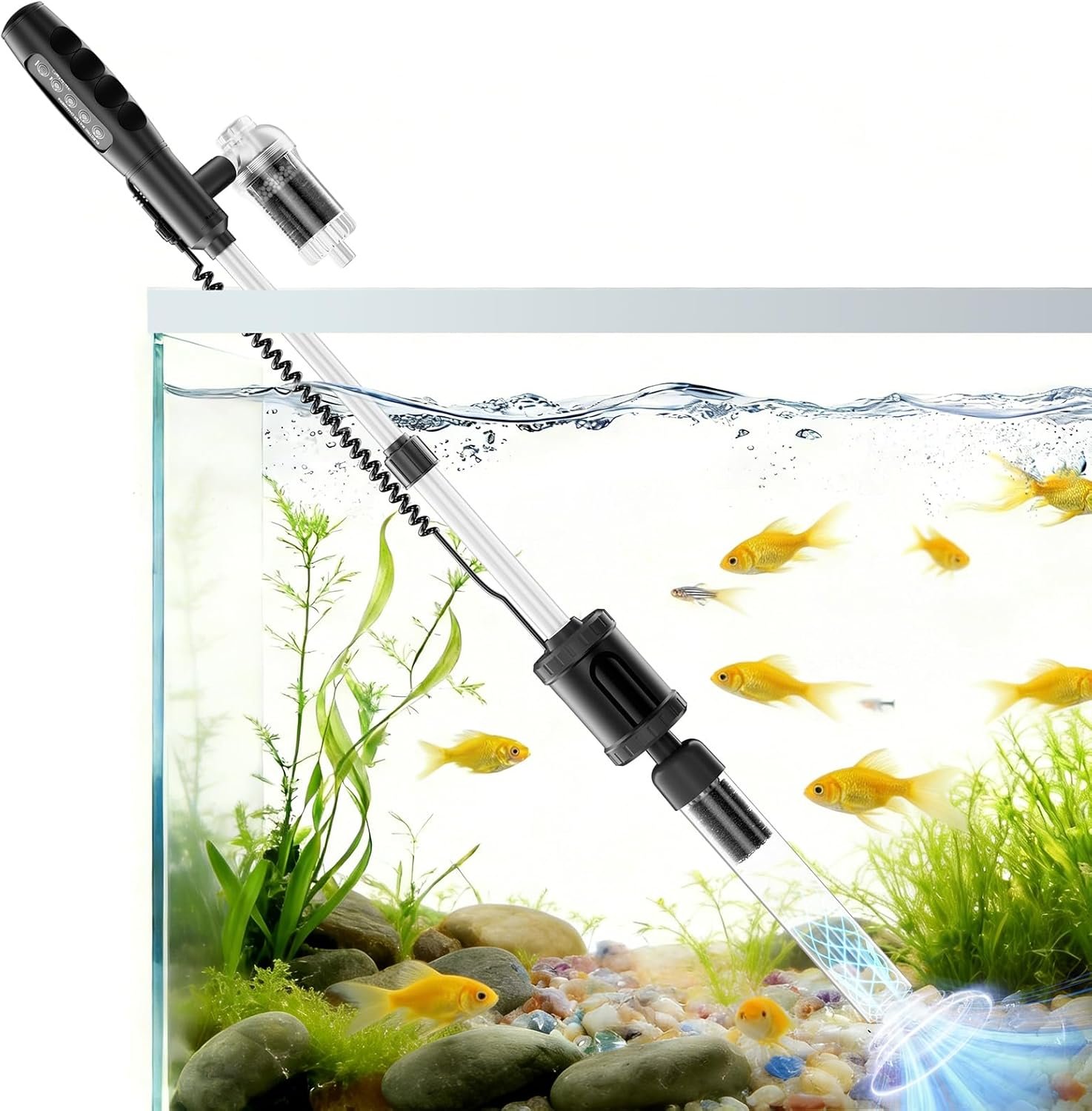 AKKEE Aquarium Vacuum Gravel Cleaner Handle Control, 8 in 1 Multifunctional 36W Electric Fish Tank Cleaner Vacuum for Automatic Water Change, Wash Sand, Water Circulation and Timed Off, Black