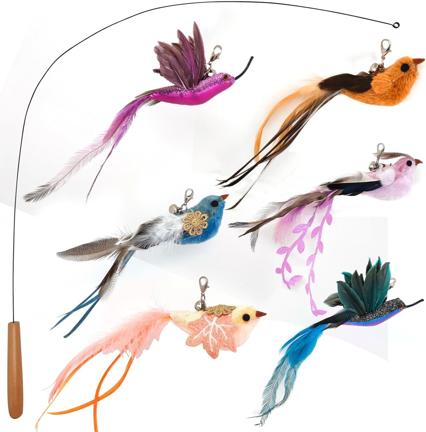 miwoowim Interactive Cat Toys for Indoor Cats – 35” Steel Wire and 6PCS Feather Bird Refills,Teaser Toy,Cat Wand Toy,Feathers & Bells, Realistic Bird Impression (7 PCS)
